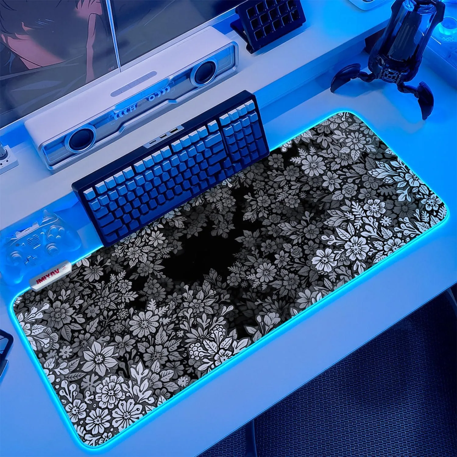 JMIYAV White Gaming Mouse Pad RGB Mousepad 31.5x12In Non-Slip Rubber Base Extra Large Cool XL XXL Computer Desk Pad Gaming Accessories Setup LED Light Up Big Mouse Pad for Gamer Black Ash Bloom