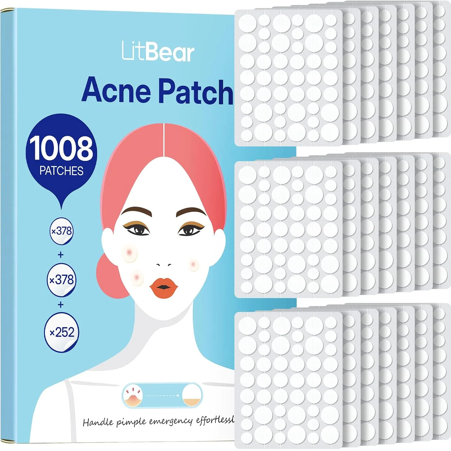 LitBear Pimple Patch Bulk, 1008 Patches 3 Size Acne Patches for Face
