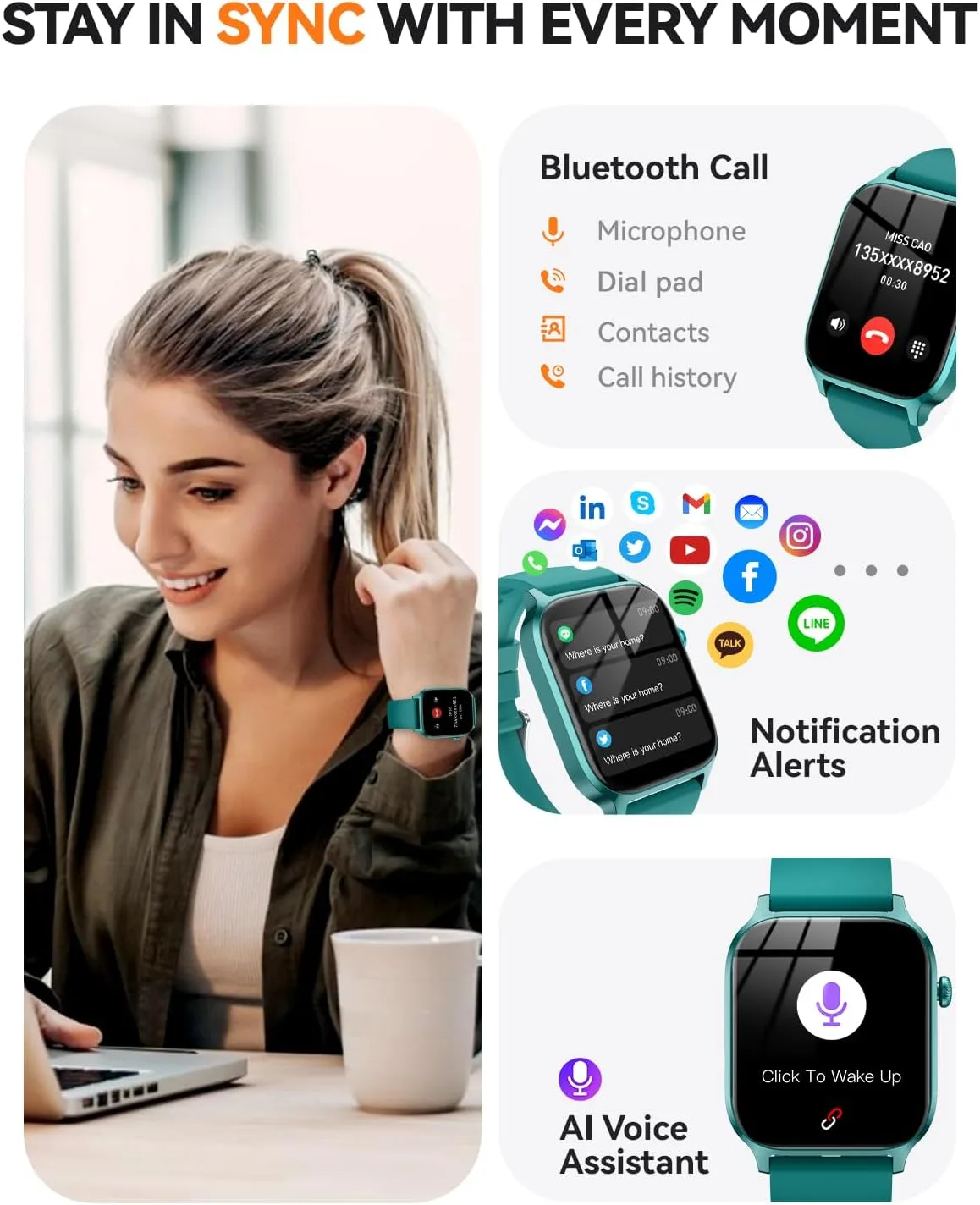 Smart Watch for Women Men- Answer/Make Call, Fitness Step Tracker Watch with Sleep Monitor/Activity Counter/110+ Sport Mode, Smartwatch for Andriod iPhone iOS Compatible (Modern, Teal, 1.83)