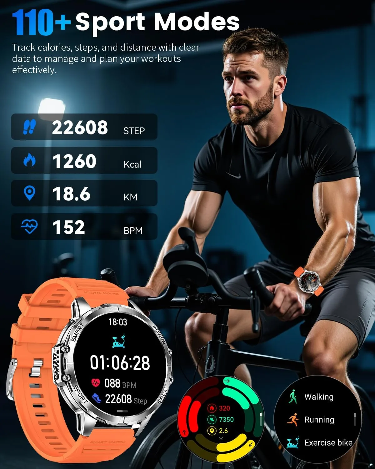 Military Smartwatch for Men, Top-Mounted Flashlight, 1200mAh Battery