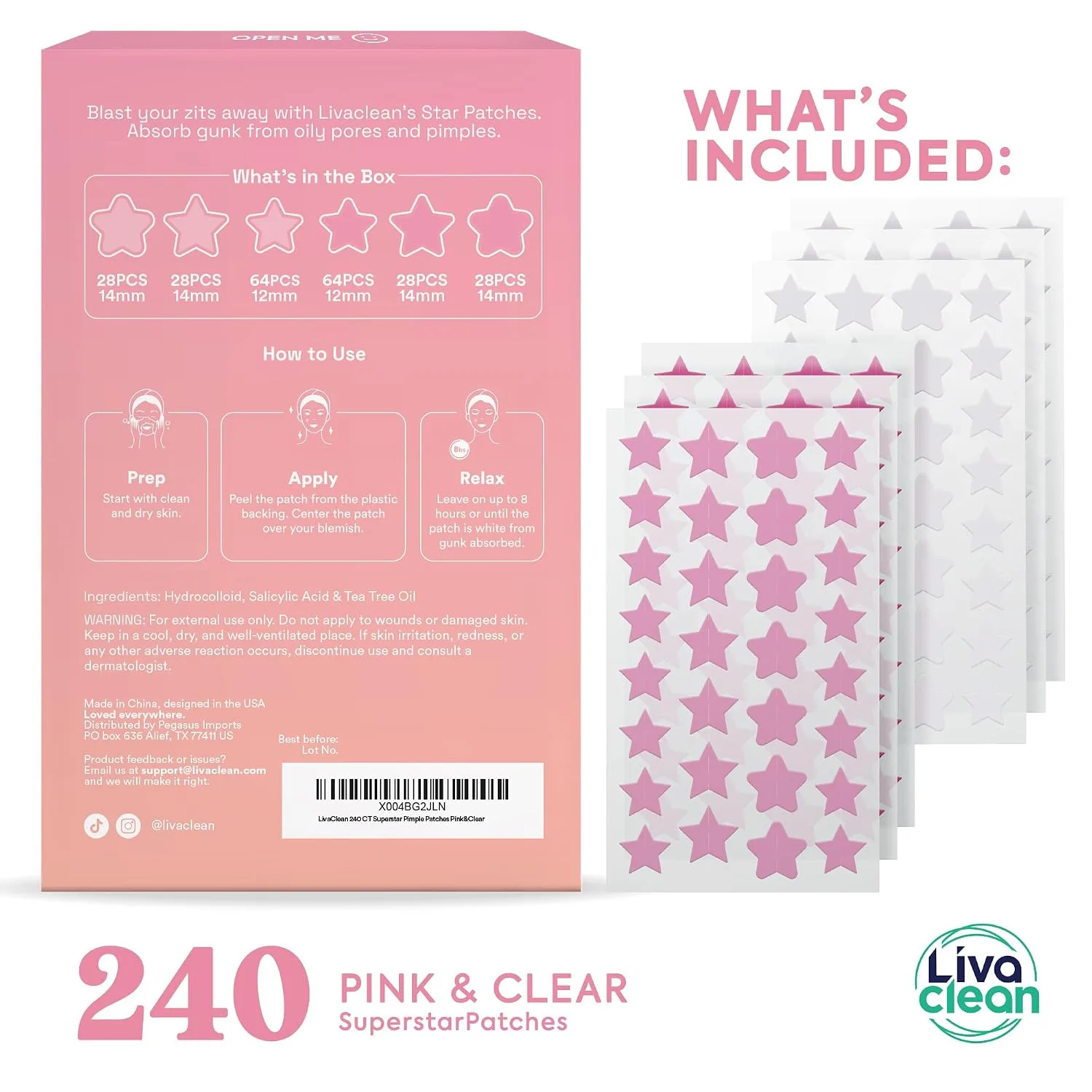 Livaclean 240 Star Pimple Patches for Face - Clear & Pink Pimple Patches Cute - Salicylic Acid Tea Tree Oil & Hydrocolloid Acne Patch - Zit Stickers, Star Patch