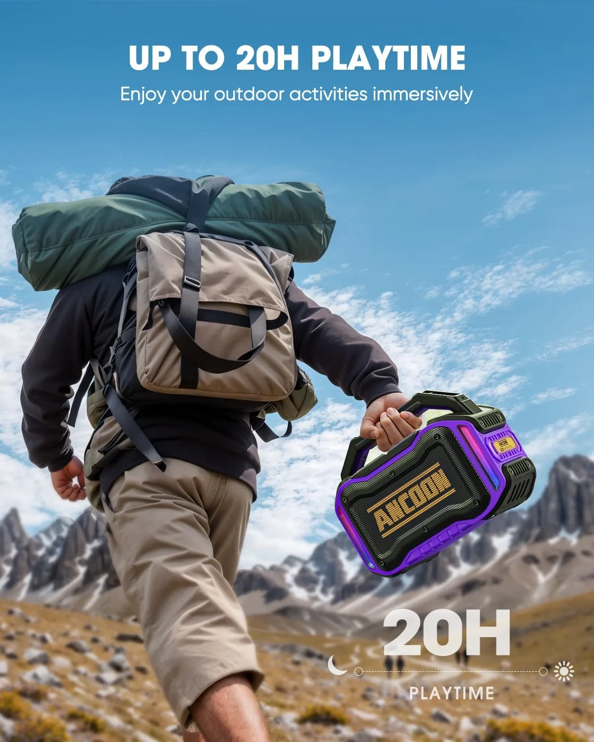 ANCOON Speakers Bluetooth Wireless: 80W(Peak) Loud Speaker with Bass, 20H Playtime, IPX6 Waterproof, Large Jobsite Speakers for Work, Outdoor, Workshop, Garage, Portable Speaker with TWS (Purple)