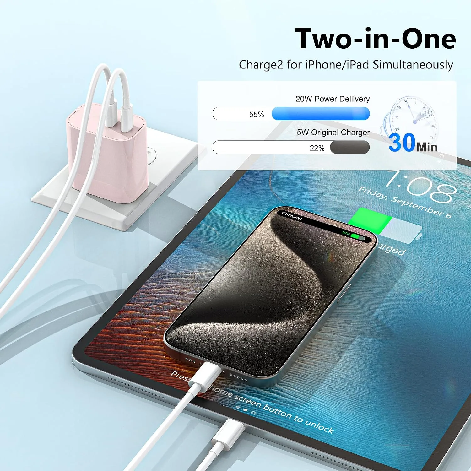 USB C Charger Block 3 Pack, Dual Port 20W Fast Wall Plug (Pink)