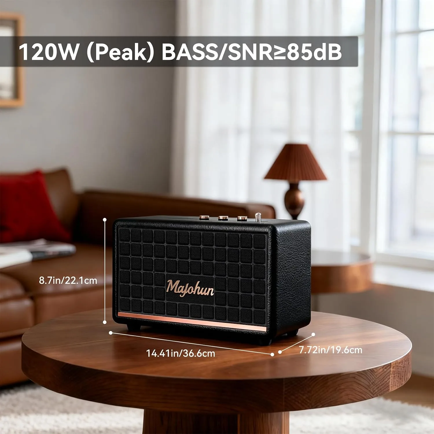 120W Peak Vintage Wood Bluetooth 5.4 Speaker, TWS Stereo,Loud Stereo Sound with Bass and Treble Controls | Plug-in Powered | 3.5mm Aux Input(Black)