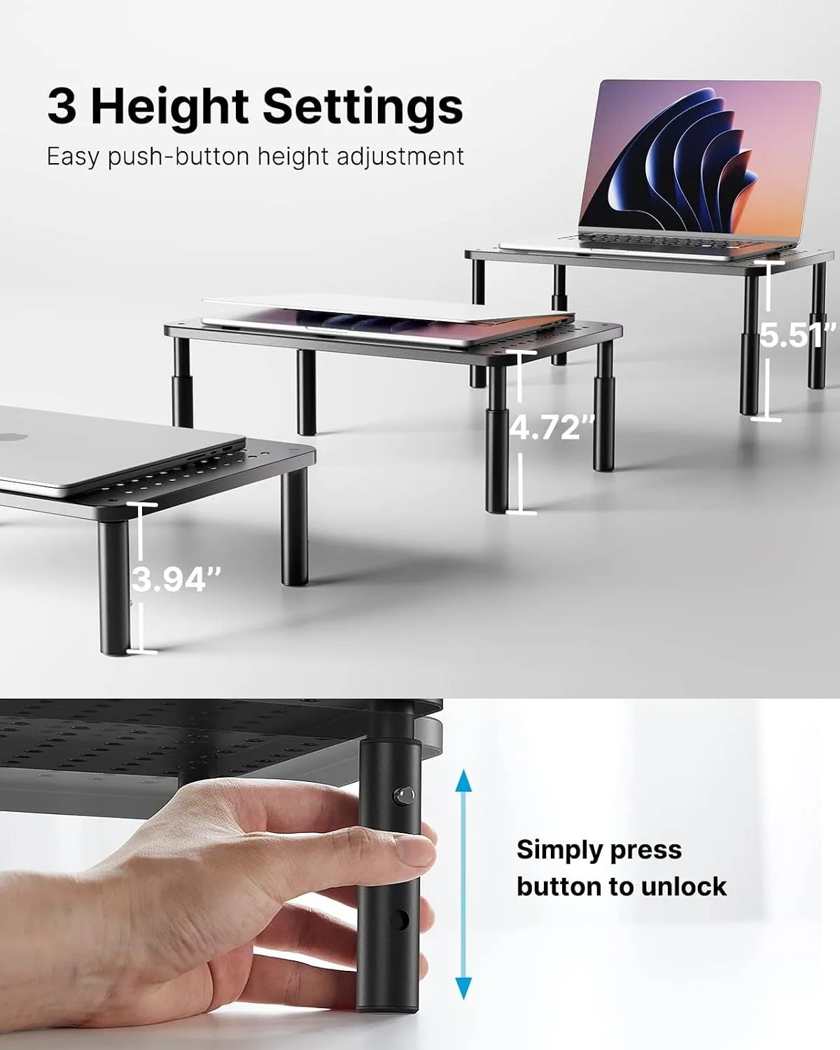 HUANUO Monitor Stand, Monitor Stand Riser 3 Height Adjustable, Monitor Riser with Airflow Vents, Laptop Stand for Desk, Laptop Riser, Desk Organizer for Monitor, Laptop, PC, Printer