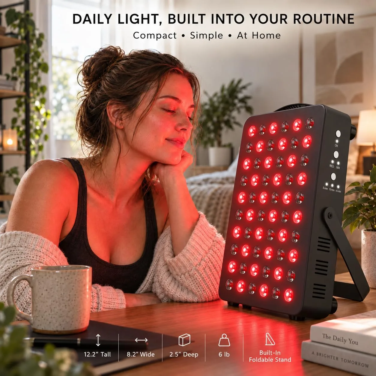 Hooga HG300 Red Light Therapy Panel, 660nm Red & 850nm Near-Infrared Light, 60 LEDs, Built-in Timer, Adjustable Stand for Home Wellness