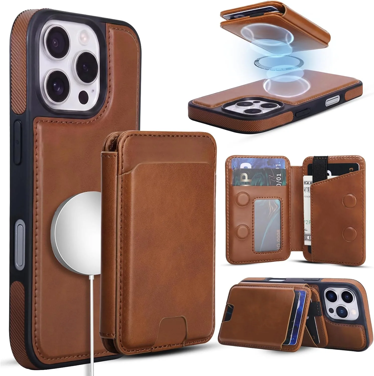Magnetic Detachable Wallet Case for iPhone 16 Pro Max with Kickstand,2-in-1 MagSafe Compatible RFID Blocking Card Holder,Slim PU Leather Cover Brown