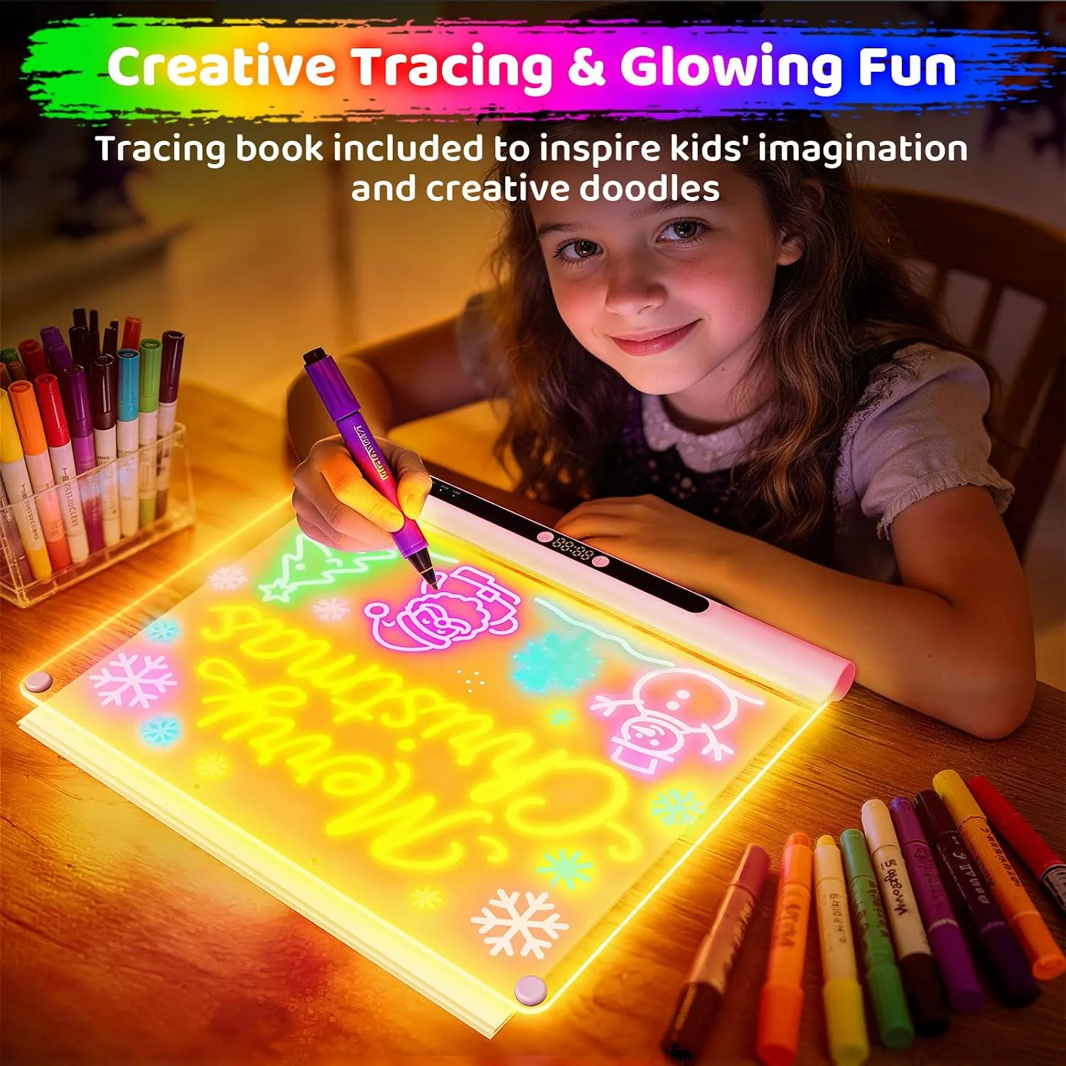 Geokay 16“ Rechargeable LED Drawing Board, 9-Color Light Modes with Timer