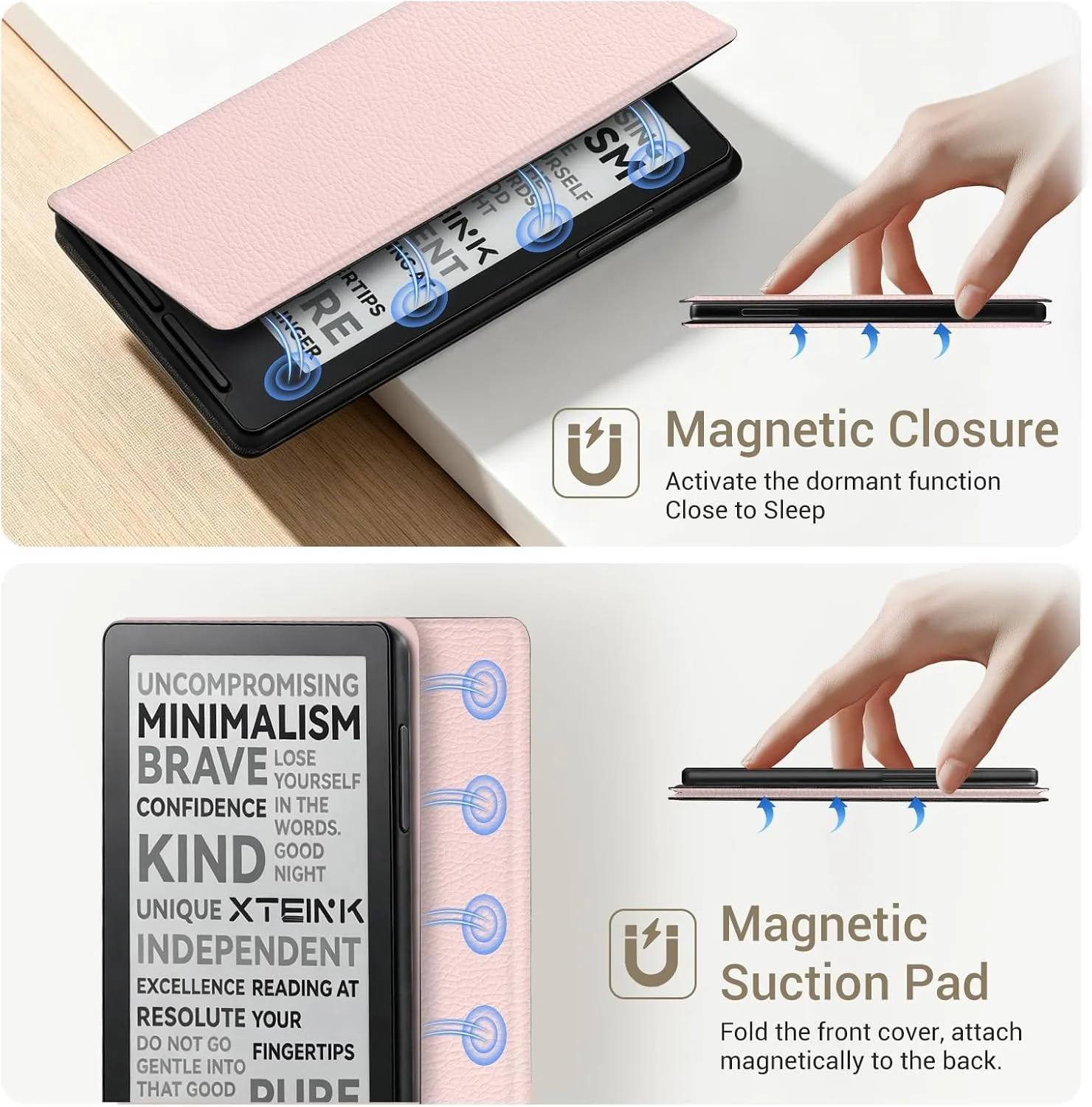 CoBak Magnetic Case for XTEINK X3 eBook Reader, 3.7" Ultra-Lightweight PU Leather Cover(Pink)