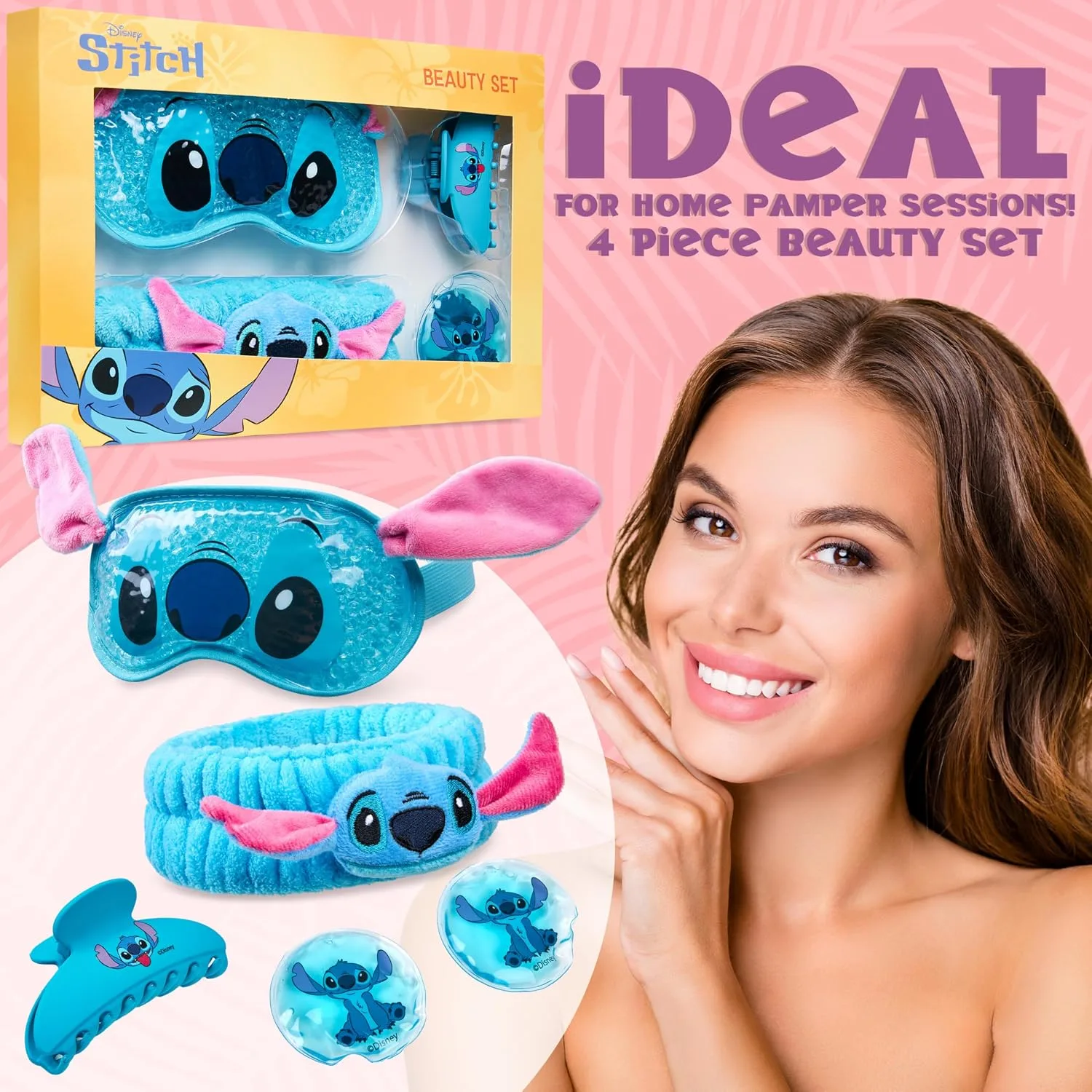 Disney Stitch Beauty Accessories Set with Cooling Eye Mask Gel Eye Pads Fluffy Skincare Headband Hair Claw Clip Relaxing Beauty Gifts for Women (Blue)