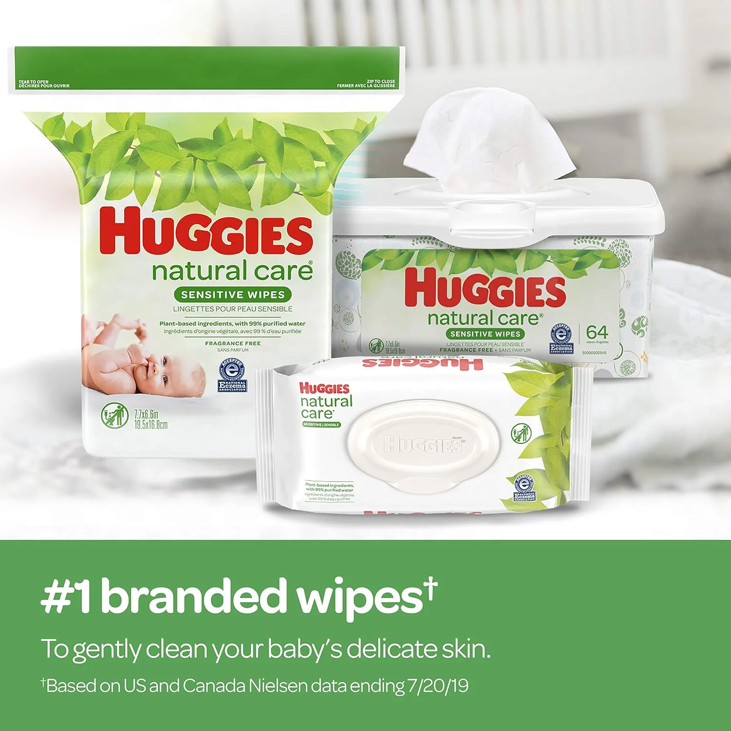 HUGGIES Natural Care Unscented Baby Wipes, Sensitive, Flip-top Pack, 32Count Total