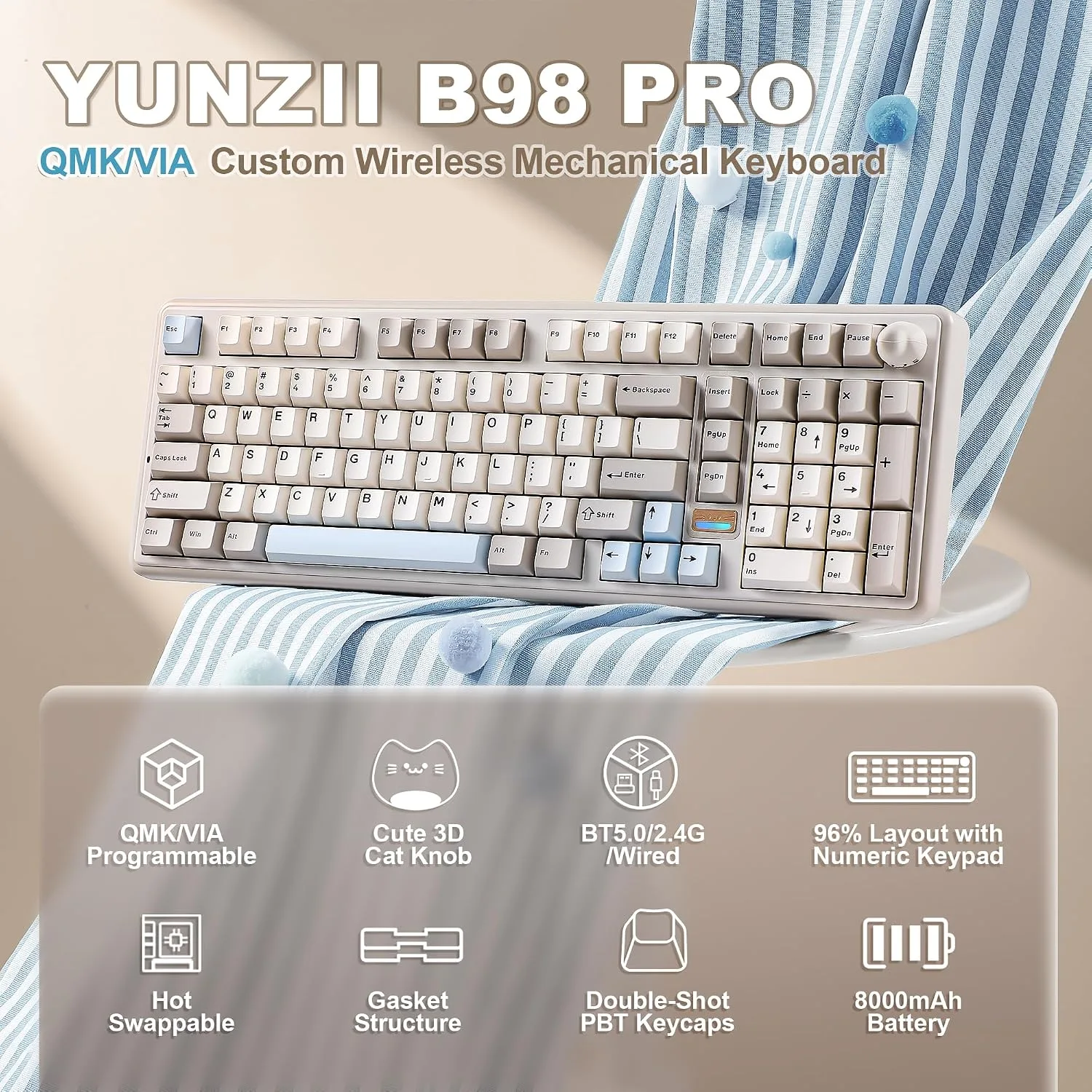 YUNZII B98 PRO 96% Wireless Mechanical Keyboard(Beige, Candy Switch)