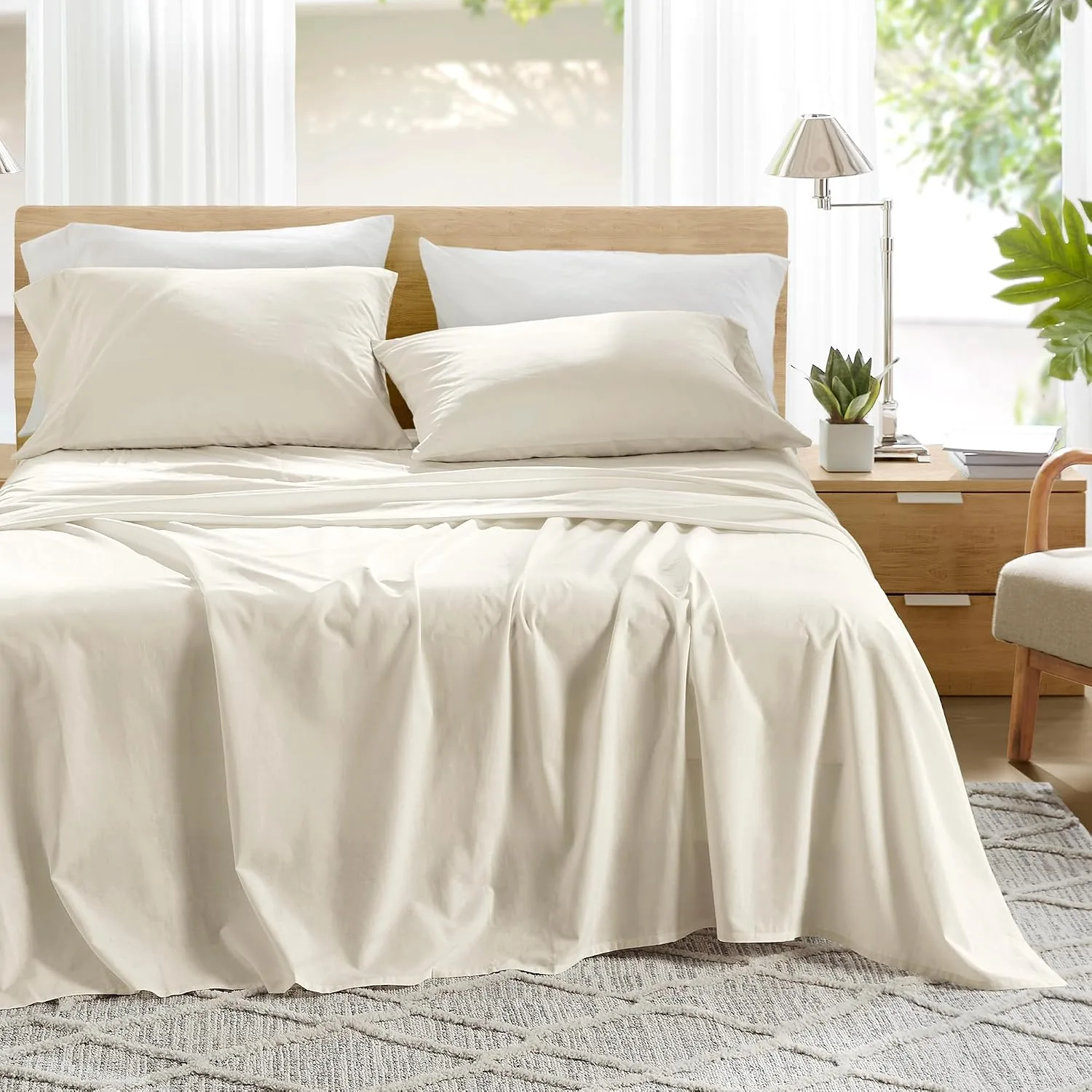 Comfort Spaces 100% Cotton Percale Sheets Queen Sheet Set 4 Pcs, Ivory