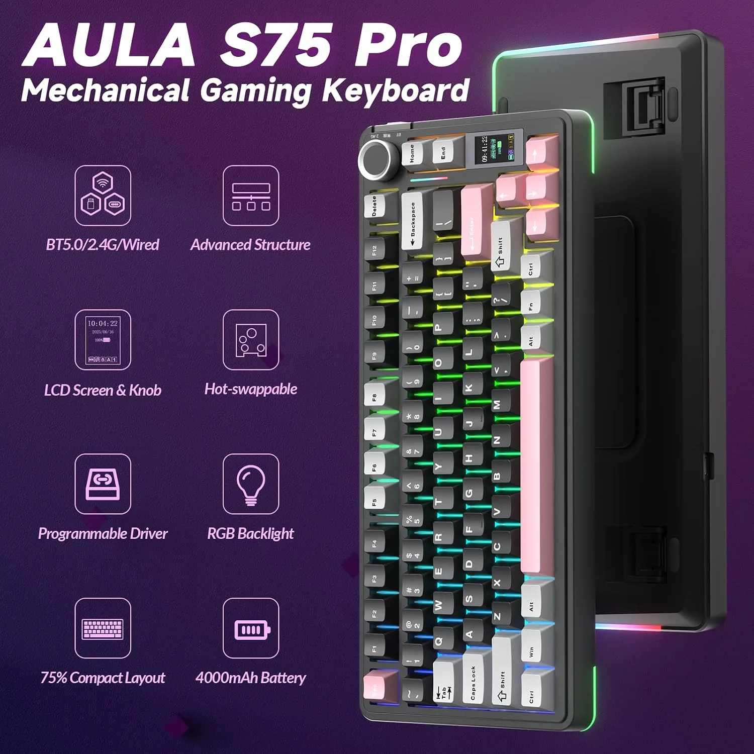 AULA S75 PRO Wireless Mechanical Gaming Keyboard with Screen&Knob, 80 Keys