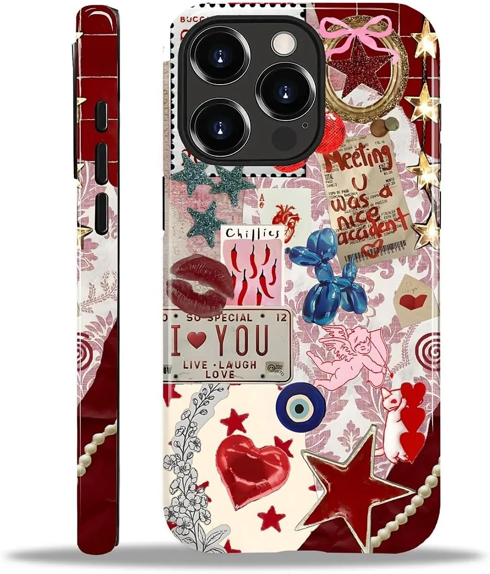 DAIZAG Case for iPhone 14 Pro Max,Mixed 2 Layer Design Shockproof Soft TPU Ddouble Protection Phone Case for iPhone 14 Pro Max-Conch Red Pearl Collage