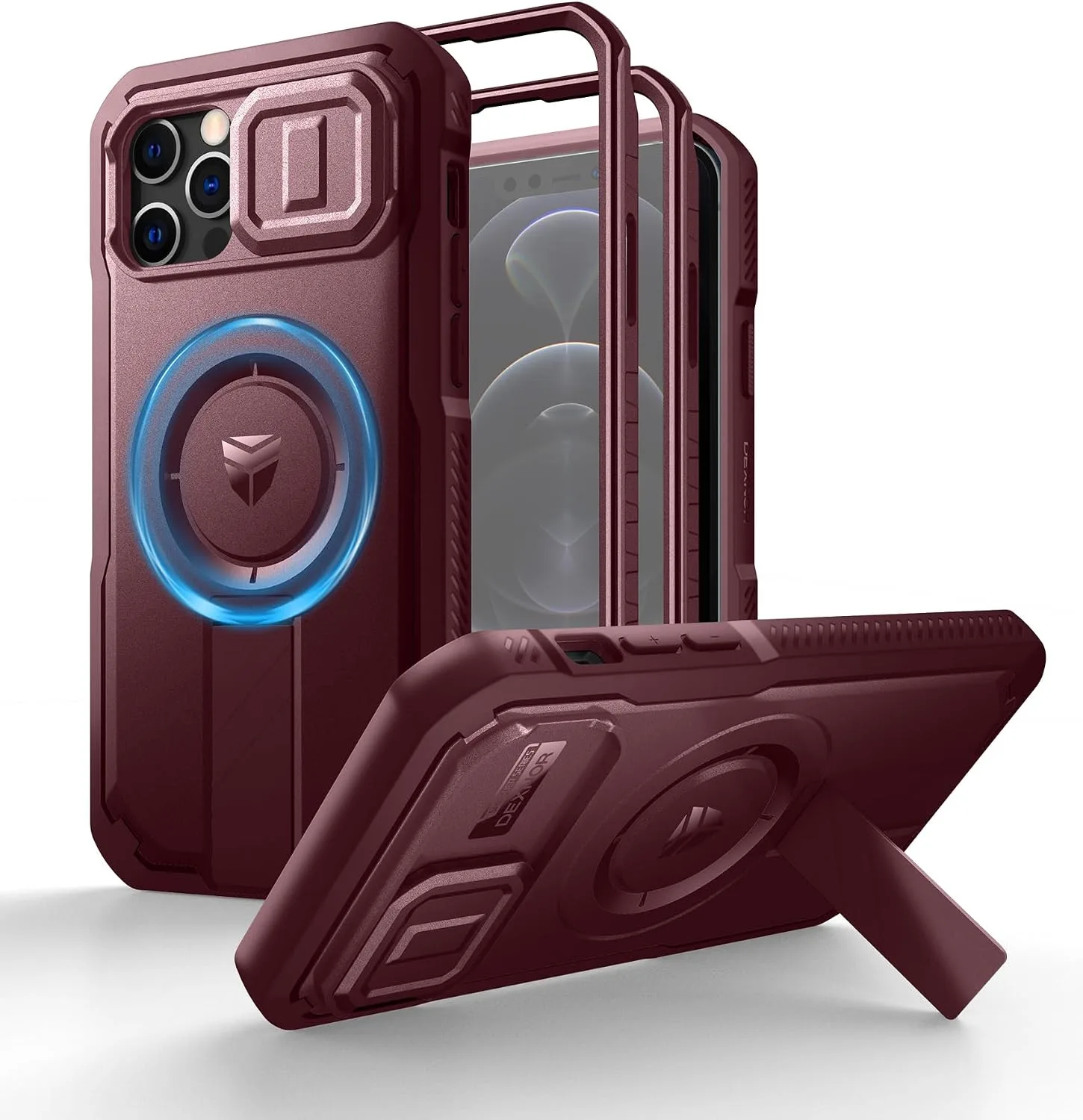 Funda para iPhone 12 y iPhone 12 Pro Dexnor con protector de cámara deslizante y soporte ajustable color Burdeo