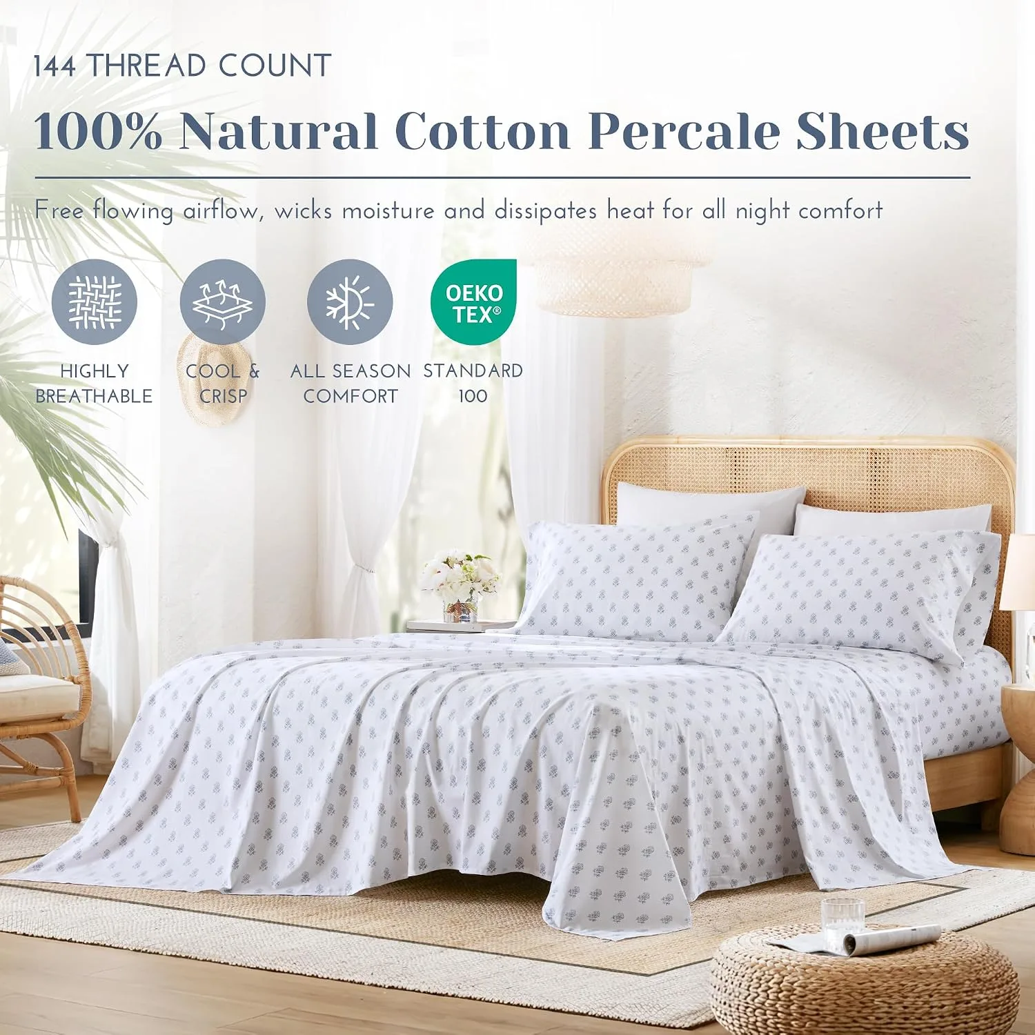 Comfort Spaces 100% Cotton Percale Sheets Twin Sheet Set 3 Pcs, Floral Blue