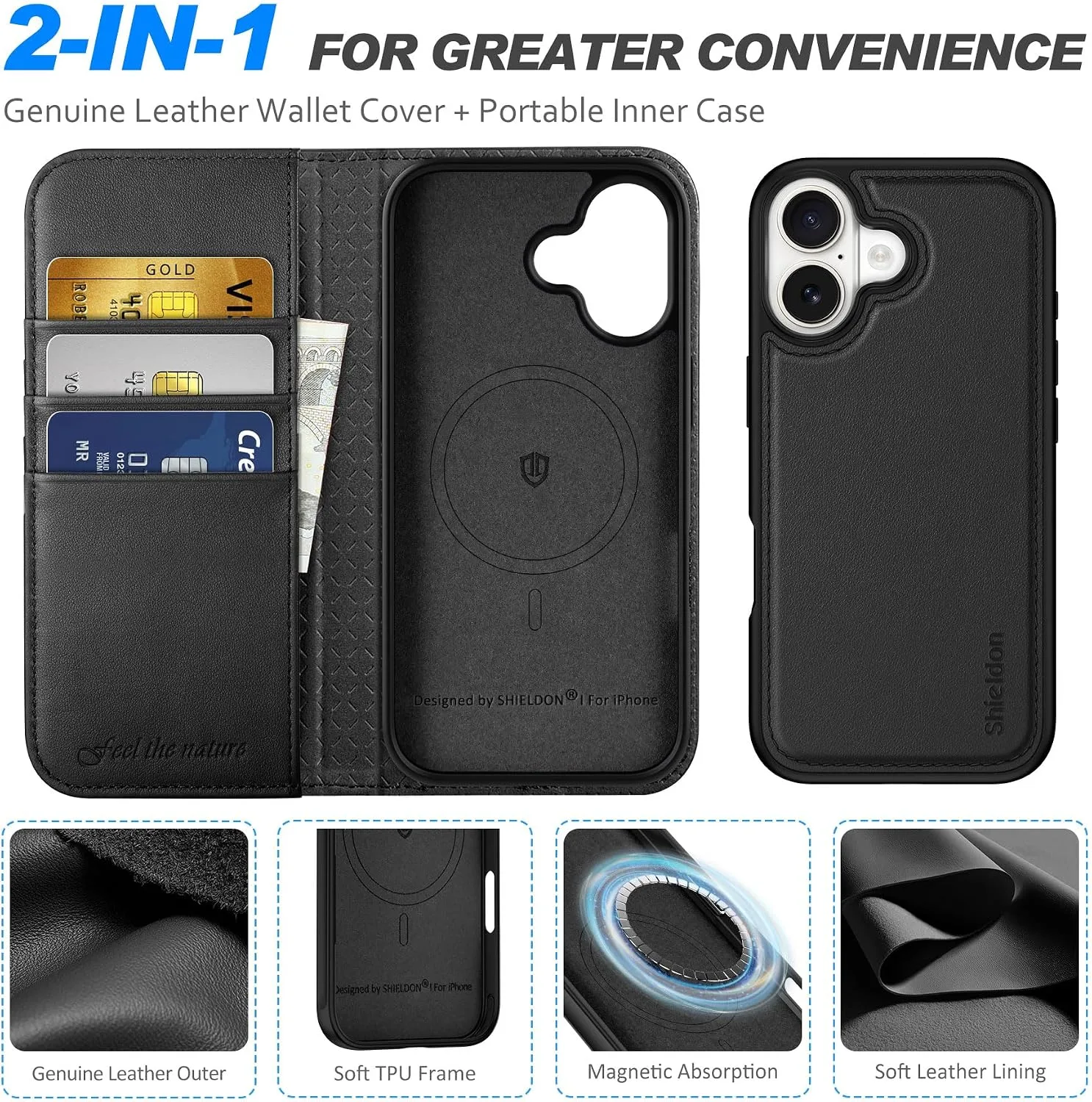 SHIELDON Detachable Genuine Leather Wallet Case for iPhone 17 6.3", Black