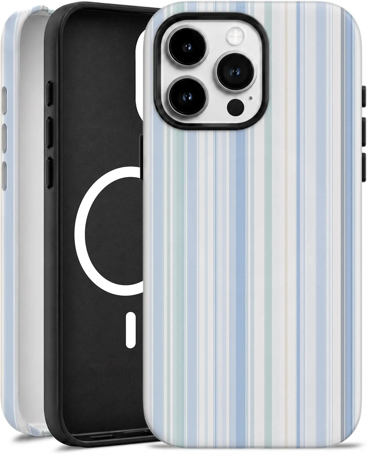 Magnetic for iPhone 15 Pro Max Phone Case, Pastel Blue Striped