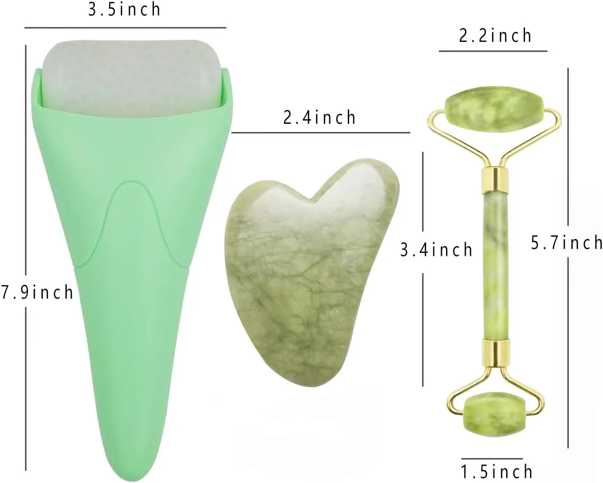 3 in 1 Ficial Face Ice Jade Roller and Gua Sha Tool, Natural Real Jade Anti-Wrinkle Face Eye Neck Massager Tool, Reduce Wrinkles, Puffiness, Migraine, Redness, Pain and Injury, Green