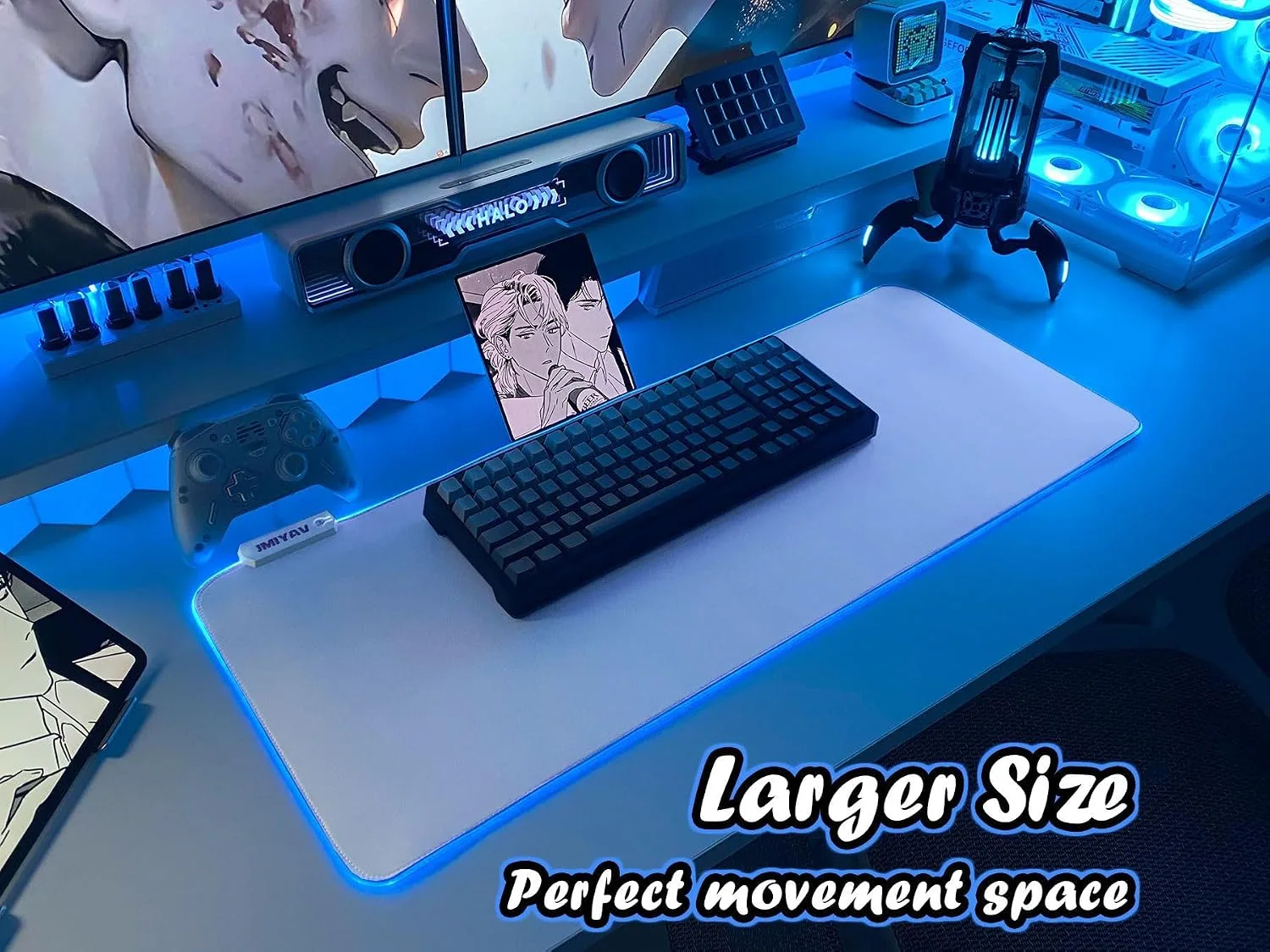JMIYAV White Gaming Mouse Pad RGB Mousepad 31.5x12In Non-Slip Rubber Base Extra Large Cool XL XXL Computer Desk Pad Gaming Accessories Setup LED Light Up Big Mouse Pad for Gamer