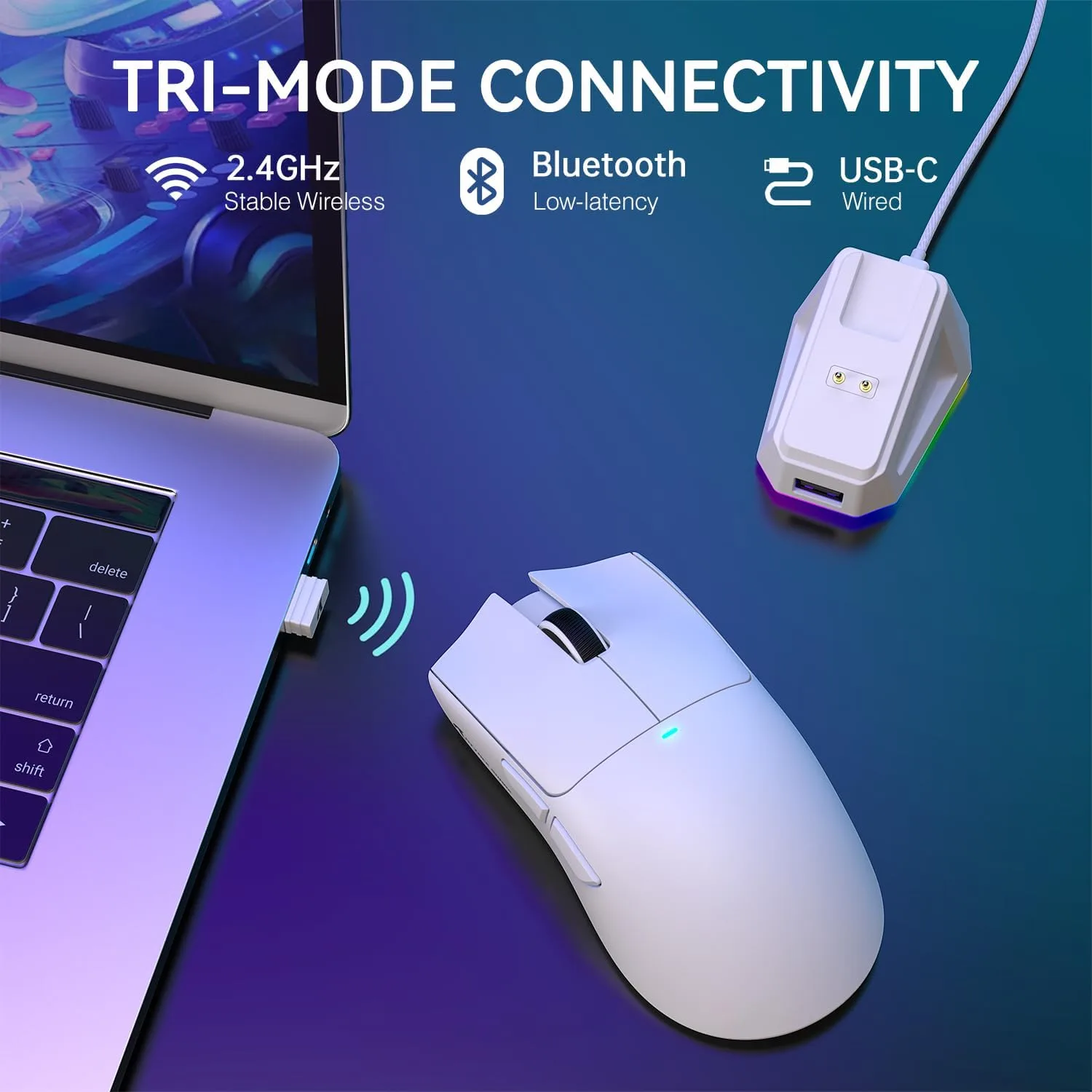 ATTACK SHARK X11 Wireless Gaming Mouse, PAW3311 Sensor, Lightweight, RGB Charging Dock, 22,000 DPI, Tri-Mode Connectivity, 5 Programmable Buttons - White