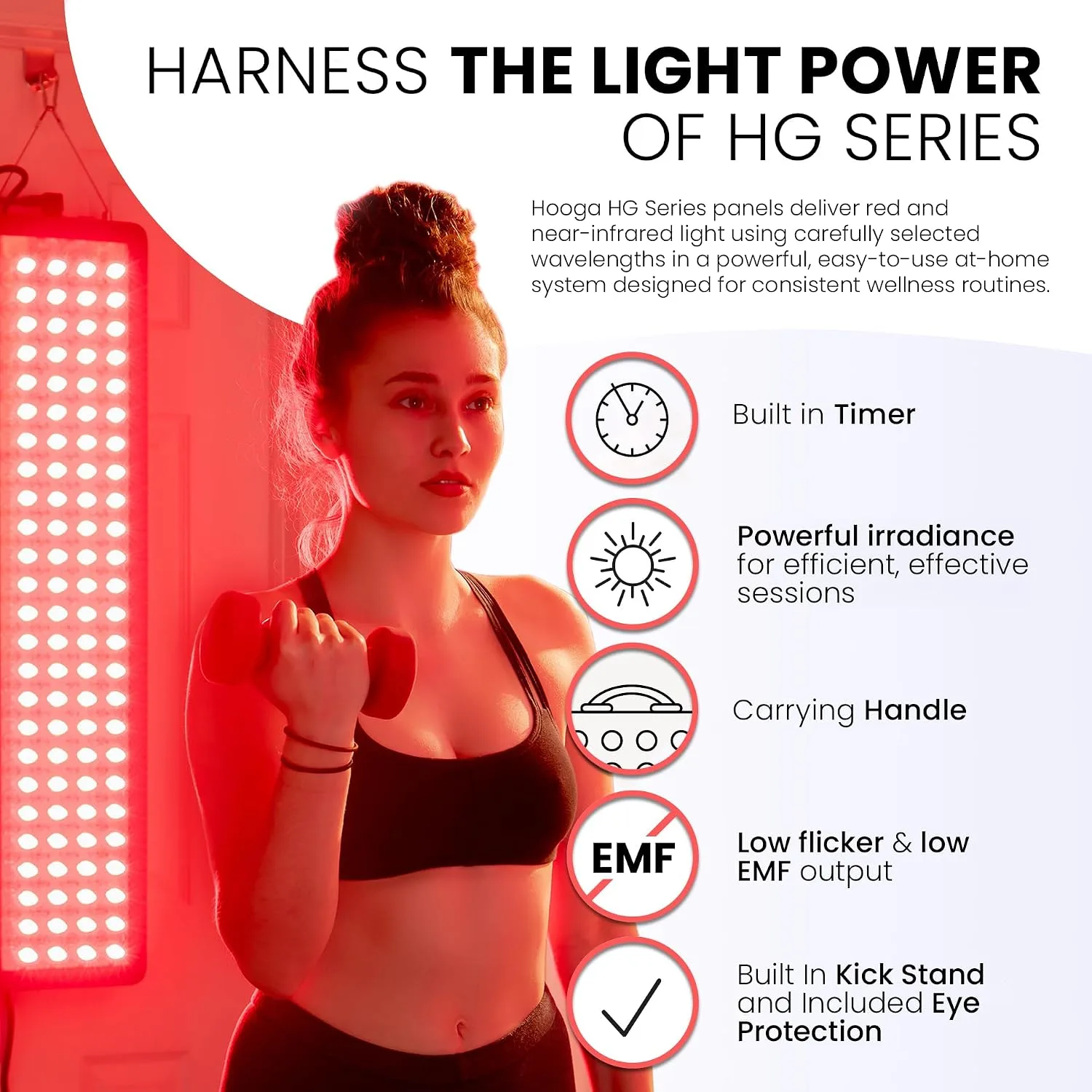Hooga HG500 Red Light Therapy Panel, 100 LEDs, 660nm Red & 850nm Near-Infrared Light, Built-in Timer, Door Hanging Kit