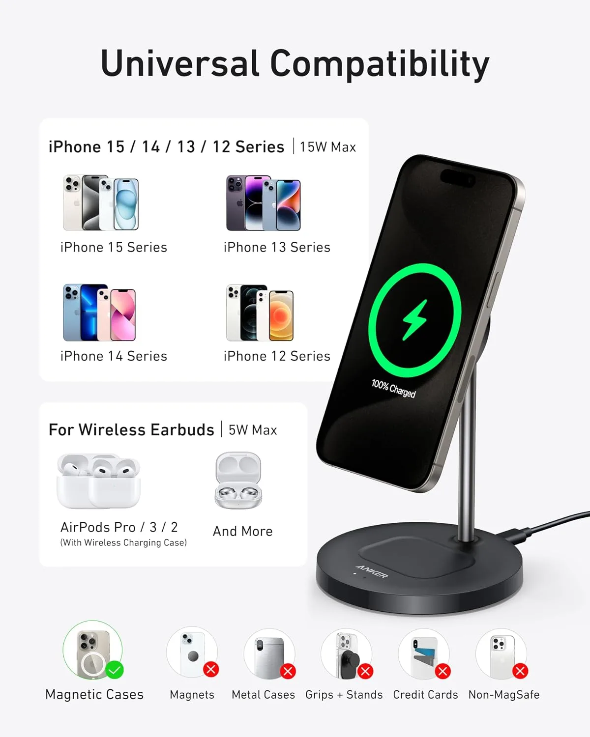 Anker MagGo 2-in-1 MagSafe Compatible Qi2 15W Wireless Charging Stand
