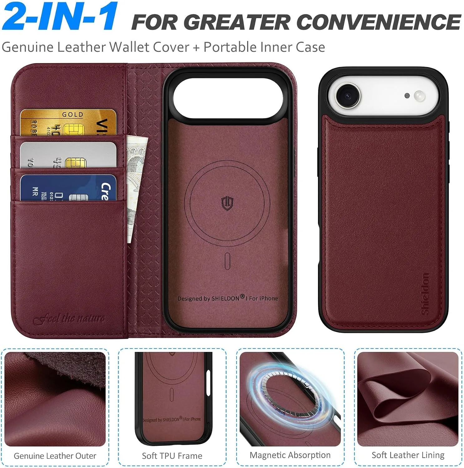 SHIELDON Detachable Leather Wallet Case for iPhone Air 6.5" 2025, Burgundy