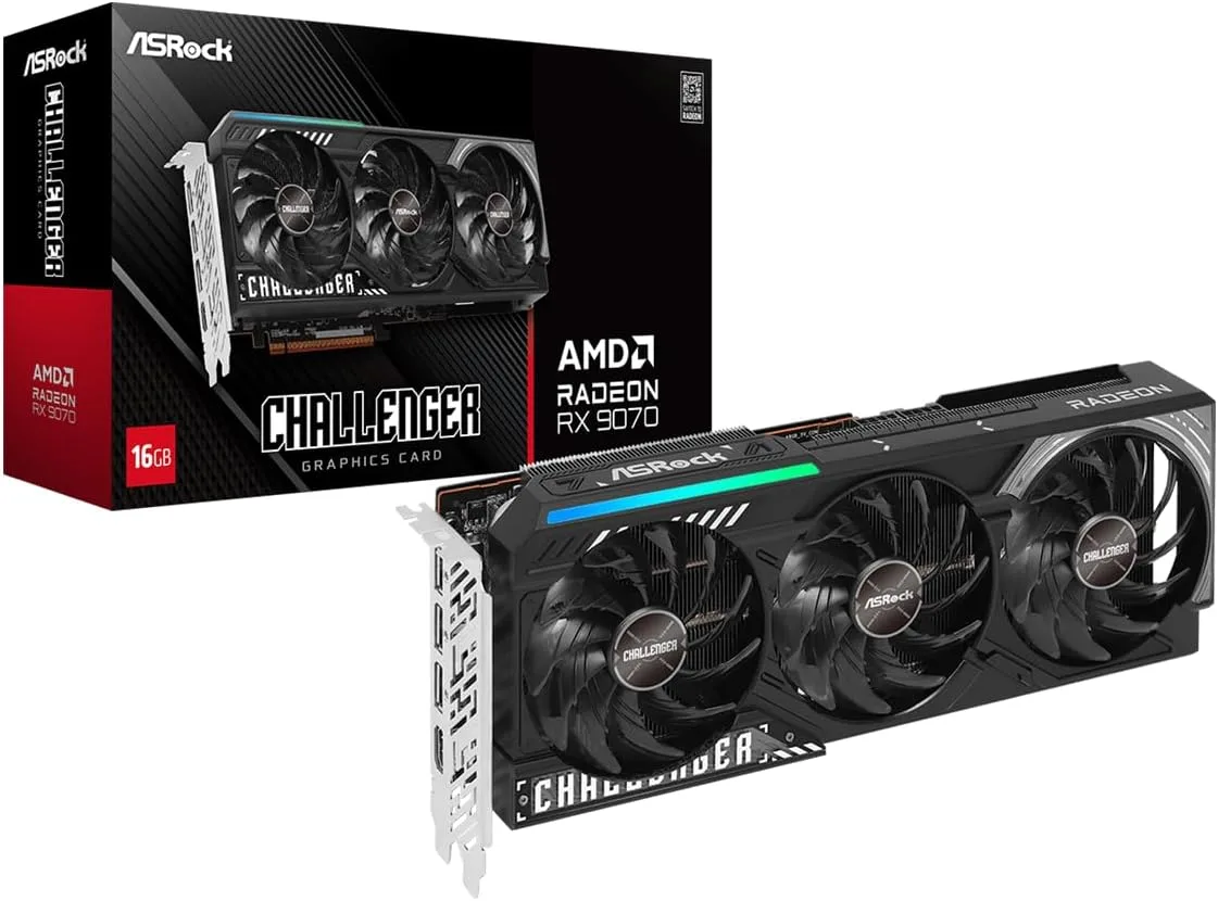 ASRock Radeon RX 9070 Challenger 16GB OC Graphics Card, RDNA 4, 2520MHz Boost, 16GB GDDR6 256-bit, PCIe 5.0, Triple Fans, 0dB Silent, LED Indicator