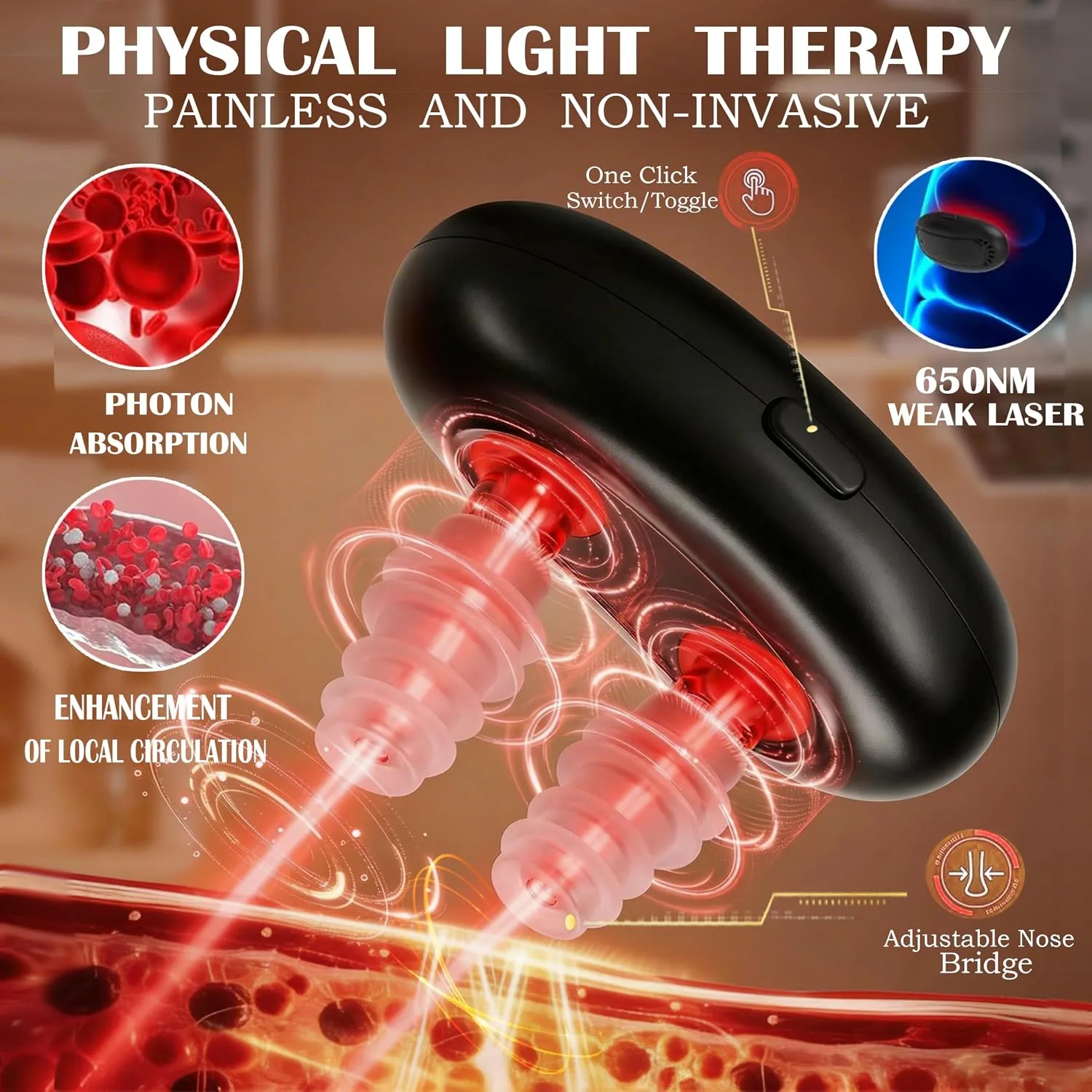 Red Light Nasal Therapy Device, 660nm Nose Light for Sinus Comfort, Helps Relieve Nasal Congestion, Dry Nose & Allergy Discomfort, Portable for Home & Travel