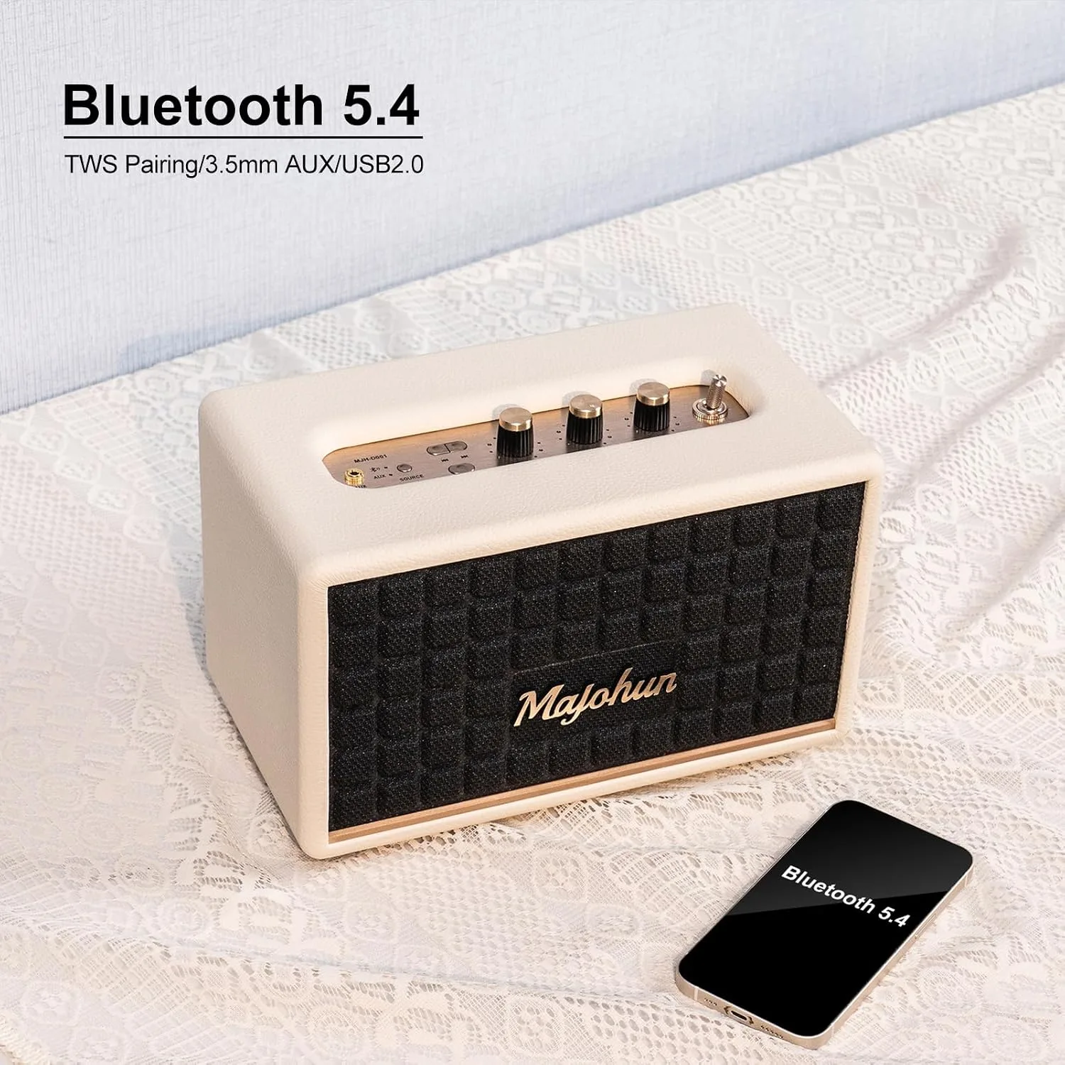 100W Peak Wood Bluetooth 5.4 Speaker, Vintage TWS Stereo (White)