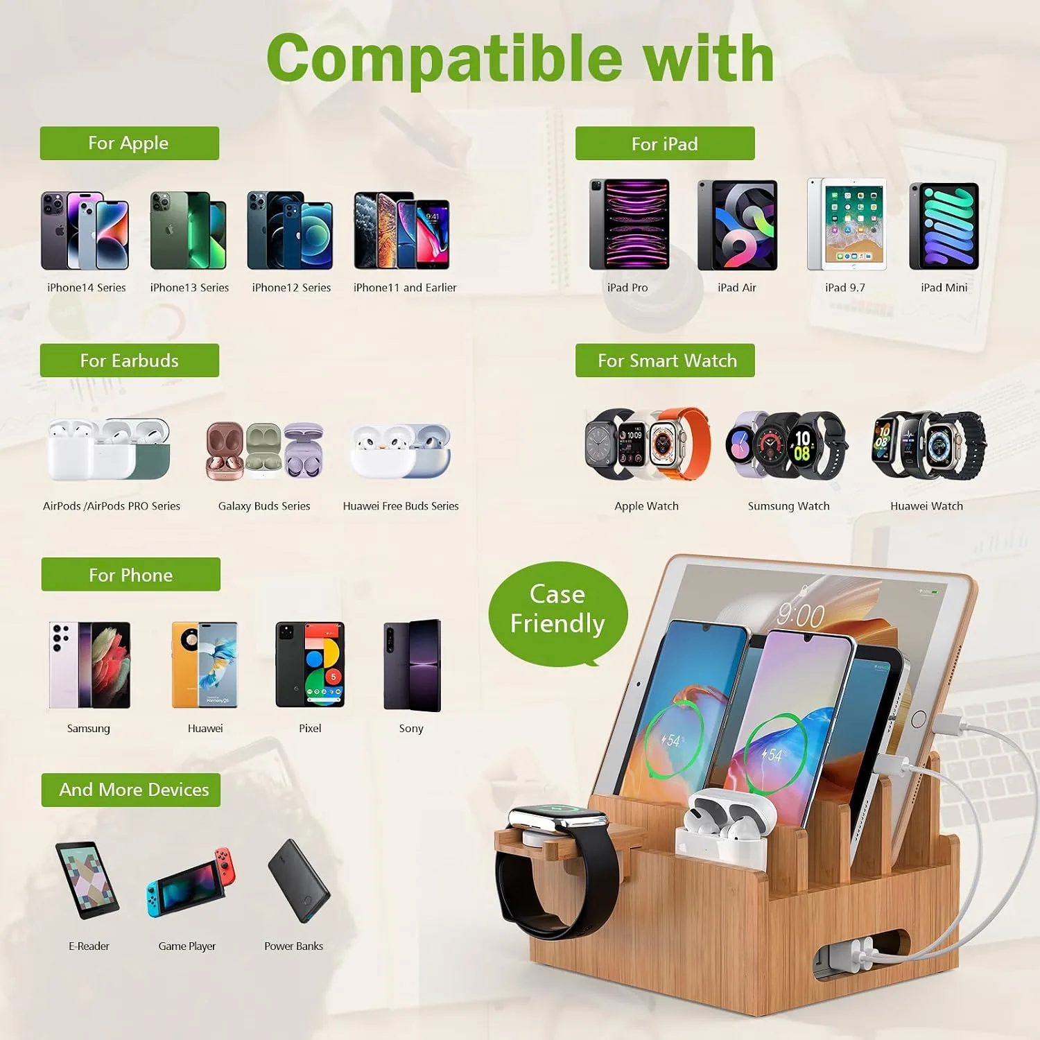 Pezin & Hulin Bamboo Charging Stand with Pack 5 Cables-Natural Bamboo