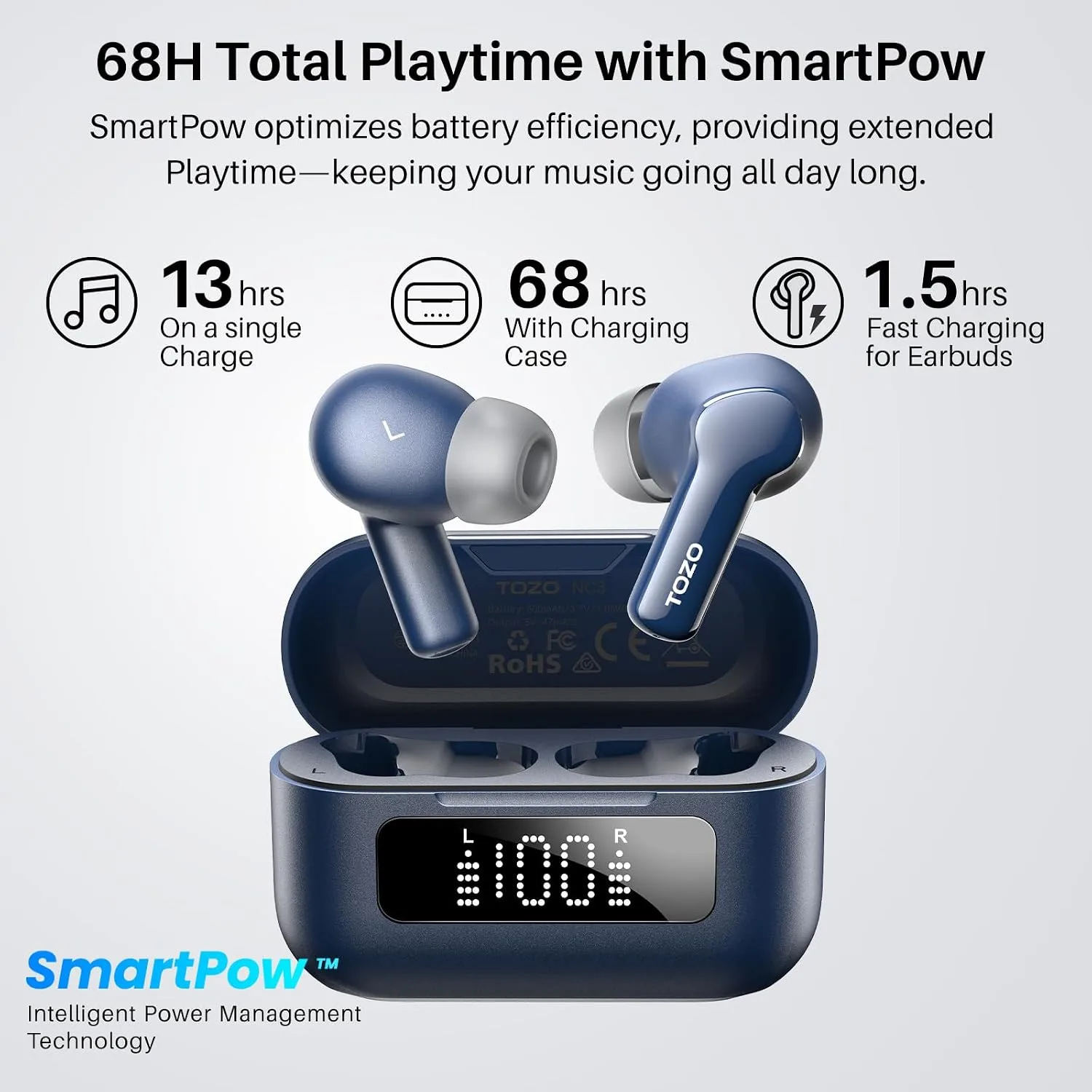 TOZO Hybrid Active Noise Cancelling in Ear Wireless Earbuds, 68H Playtime