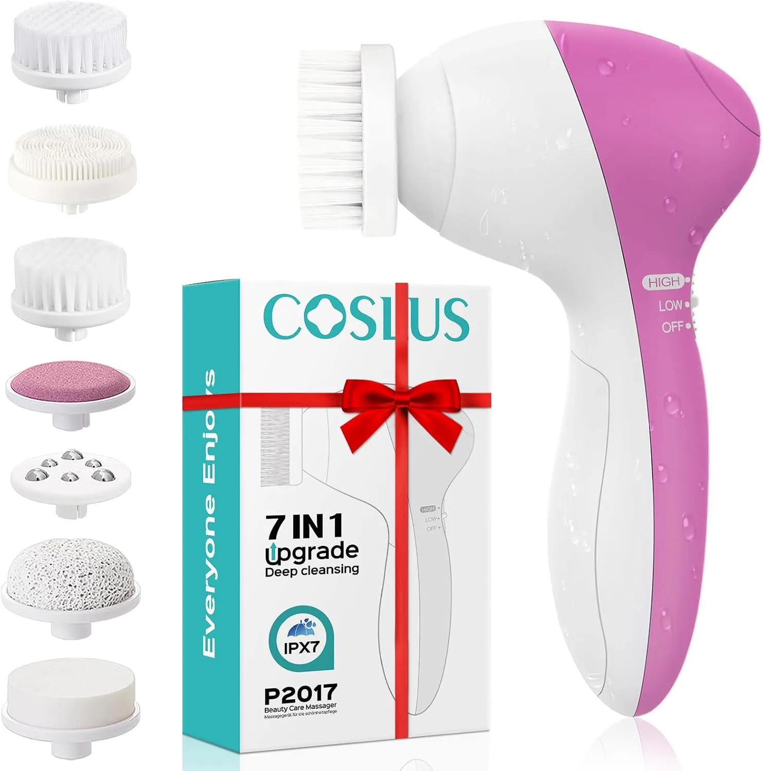 COSLUS Facial Cleansing Brush Face Scrubber, Upgrade Set, Pearl Pink