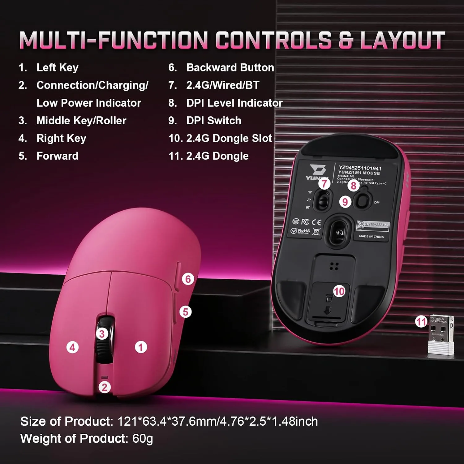 YUNZII M1 PAW3311 Sensor Wireless Gaming Mouse (Pink)