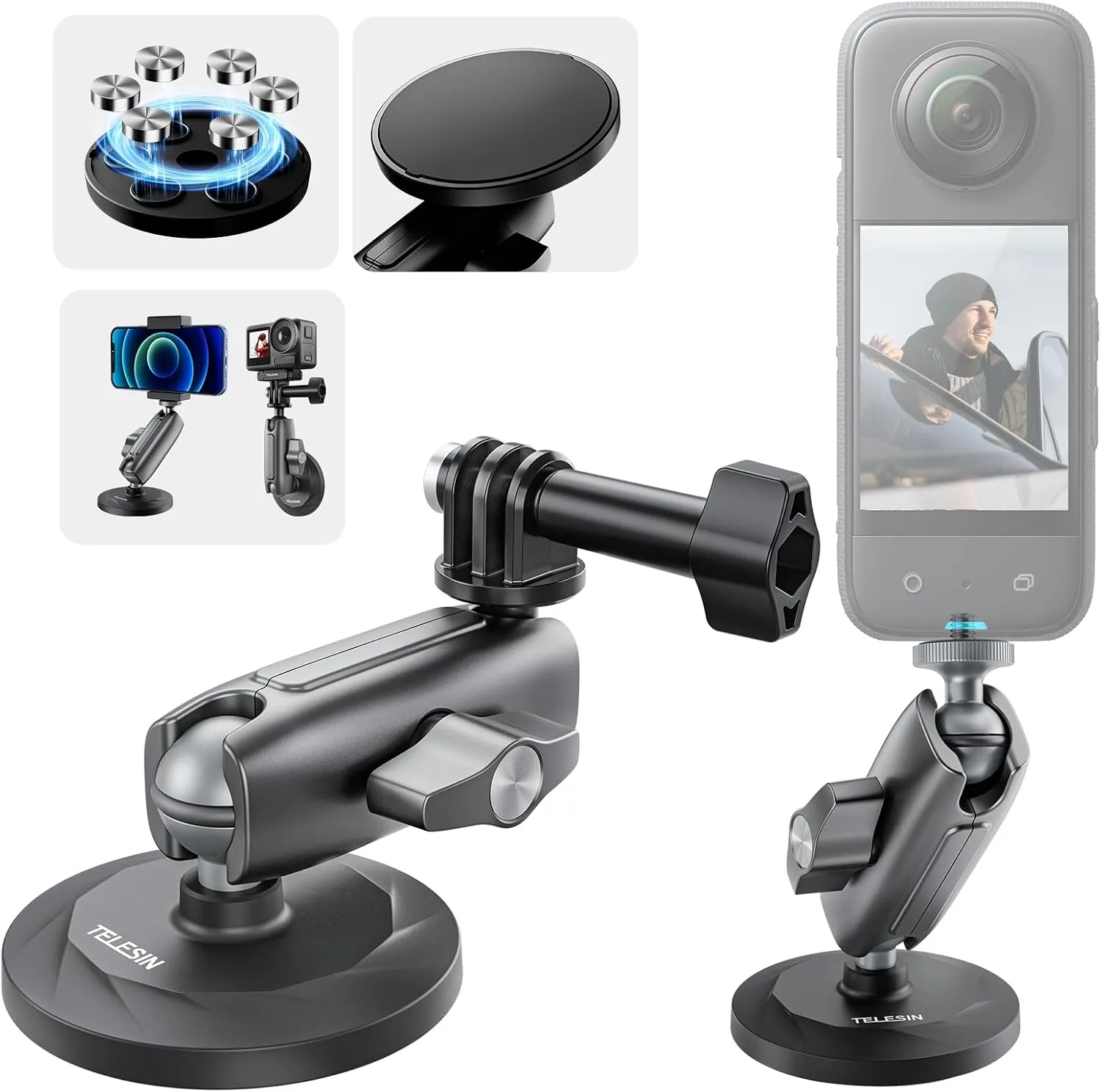 TELESIN 360 Magnetic Mount Magnet Metal Mounts for Go Pro Insta360 X4/X5 Accessory, Quick Release Car Holder Attachment for GoPro Max Hero 13 12 DJI Action 6 5 Pro OSMO 360 Nano Pocket 3 Accessories