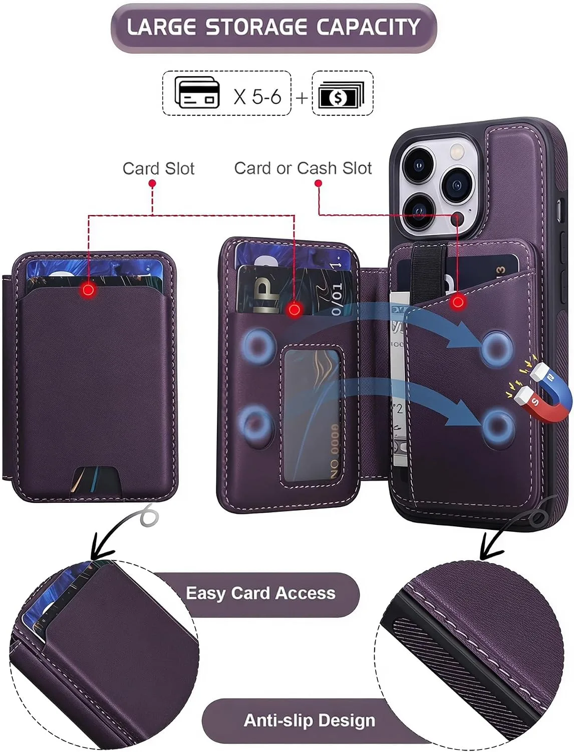Magnetic Detachable Wallet Case for iPhone 16 Pro Max with Kickstand,2-in-1 MagSafe Compatible RFID Blocking Card Holder,Slim PU Leather Cover Purple