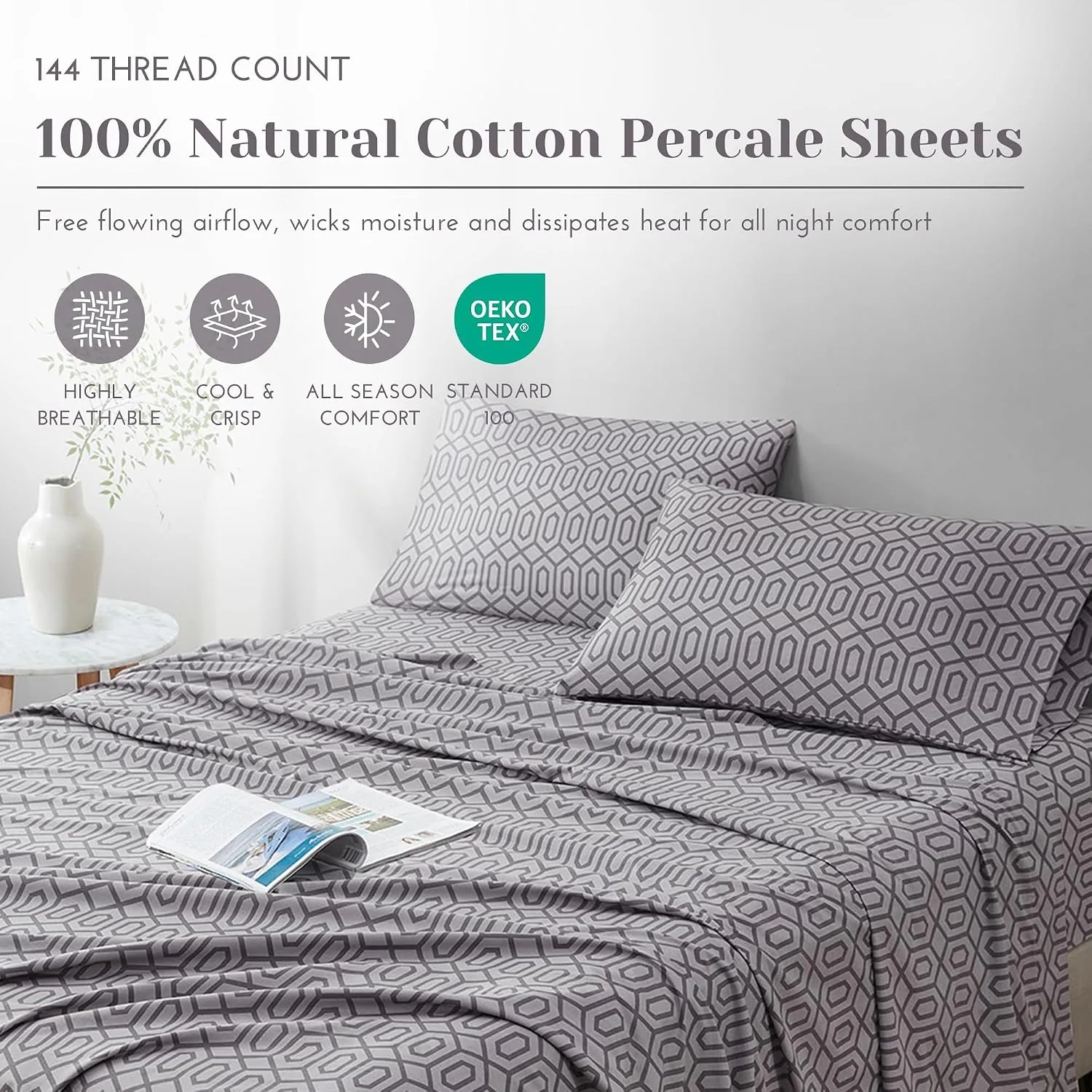 Comfort Spaces 100% Cotton Percale Sheets Queen Size 4 Pcs, Diamond Sliver