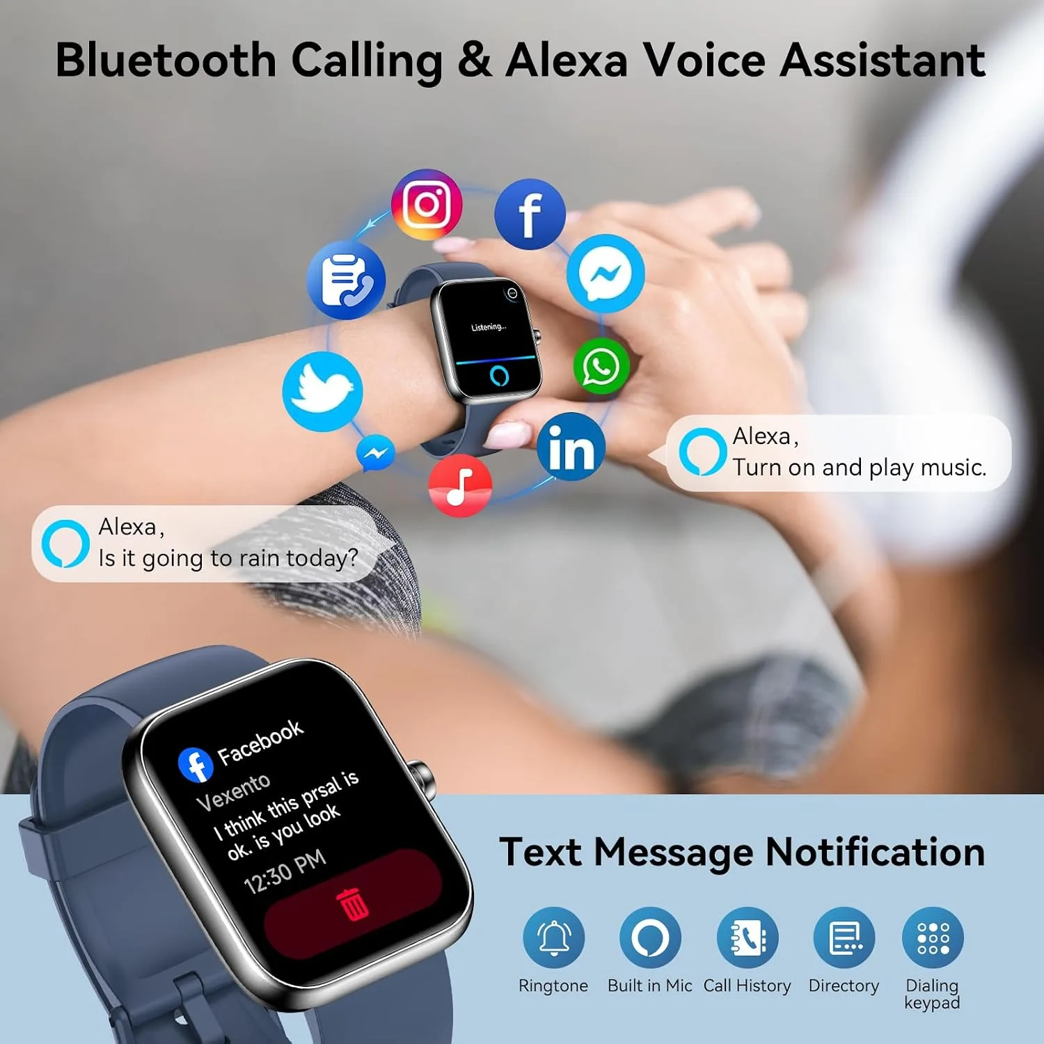 Smart Watch for Men Women with Alexa Built-in, Bluetooth Calling, 1.83'' HD Touch Screen Fitness Tracker with Heart Rate/Sleep Monitor, 120+ Sports Modes, IP68 Water-Resistant Watch for Android & iOS