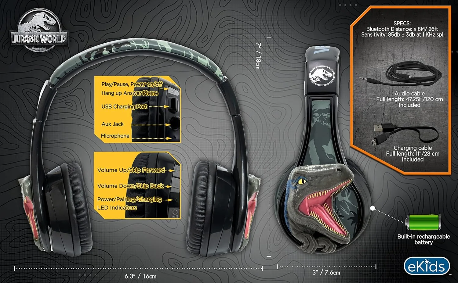 Jurassic World Bluetooth Headphones for Kids, Wireless Headphones