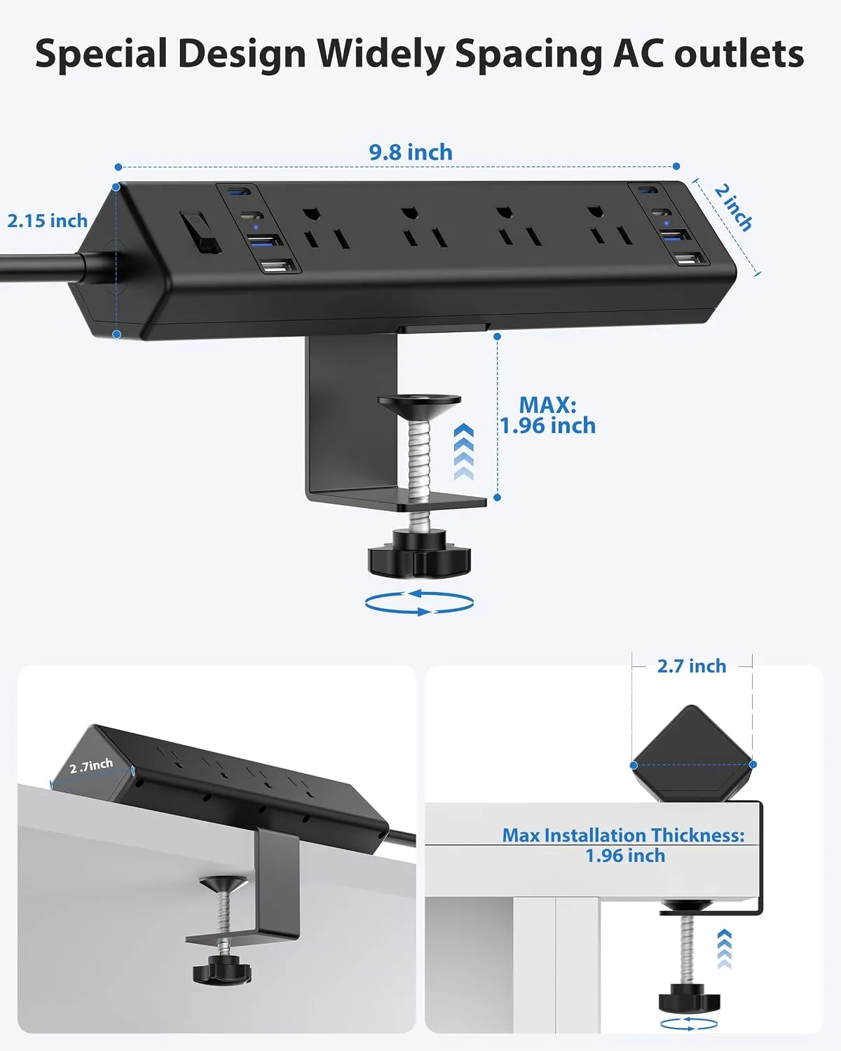 Jgstkcity Desk Clamp Power Strip 40W USB C,8 Outlets,8 USB,6FT,Black