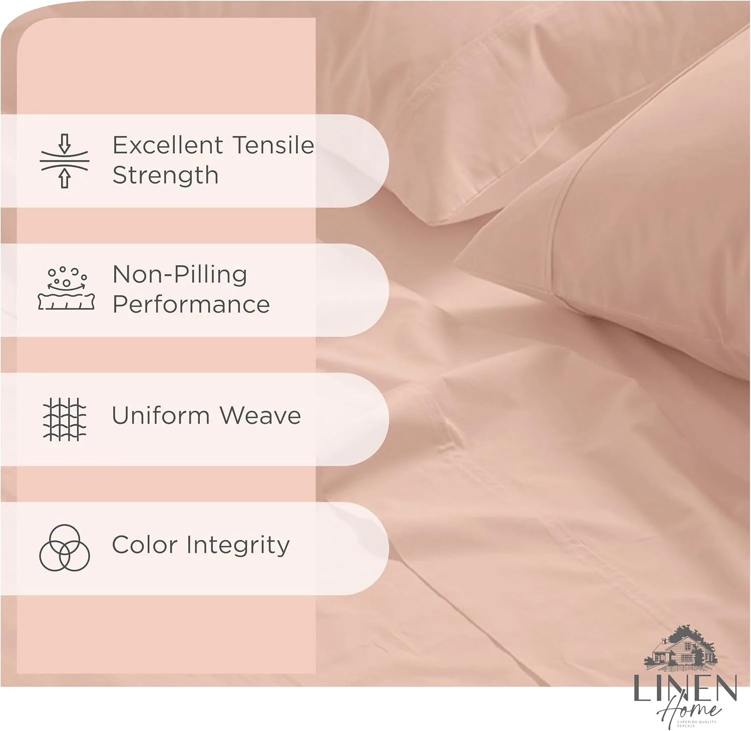 Linen Home 100% Cotton Percale King Sheets, 4Pc Cooling Set - Brushed Rose