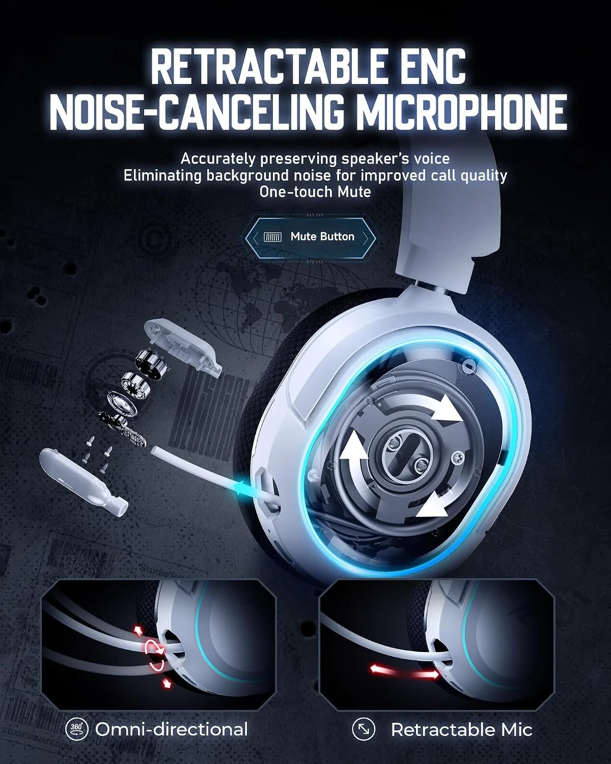 Wireless Gaming Headset, 7.1 Surround Sound, 2.4GHz USB Gaming Headphones with Bluetooth 5.4, 100H Battery, ENC Noise Canceling Mic, RGB Light, Wireless Headset for PC PS5 PS4 Mac Switch (Black-White)