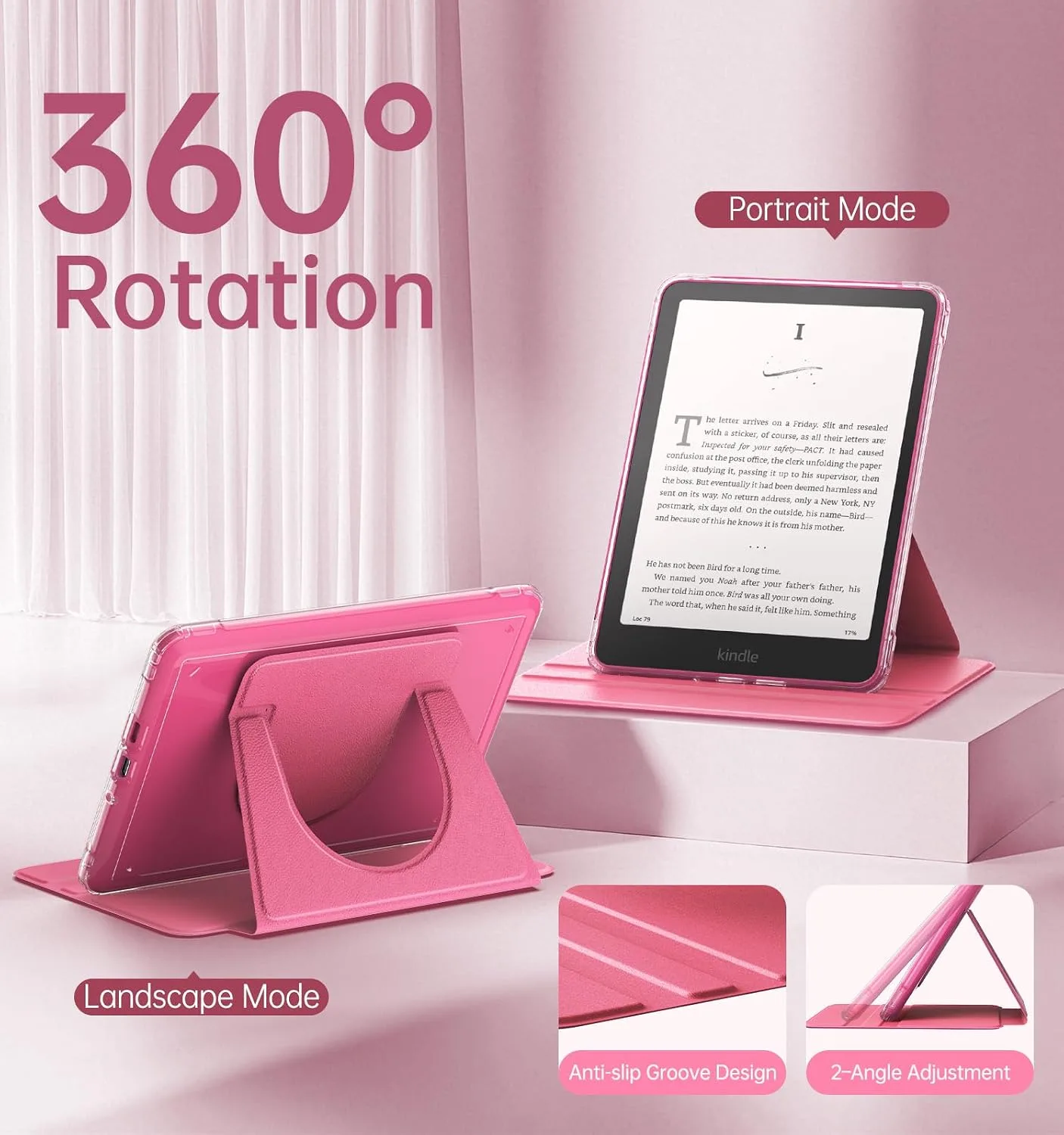MoKo 360°Rotating Case for 7"Kindle Paperwhite 12th Gen/Colorsoft,Raspberry
