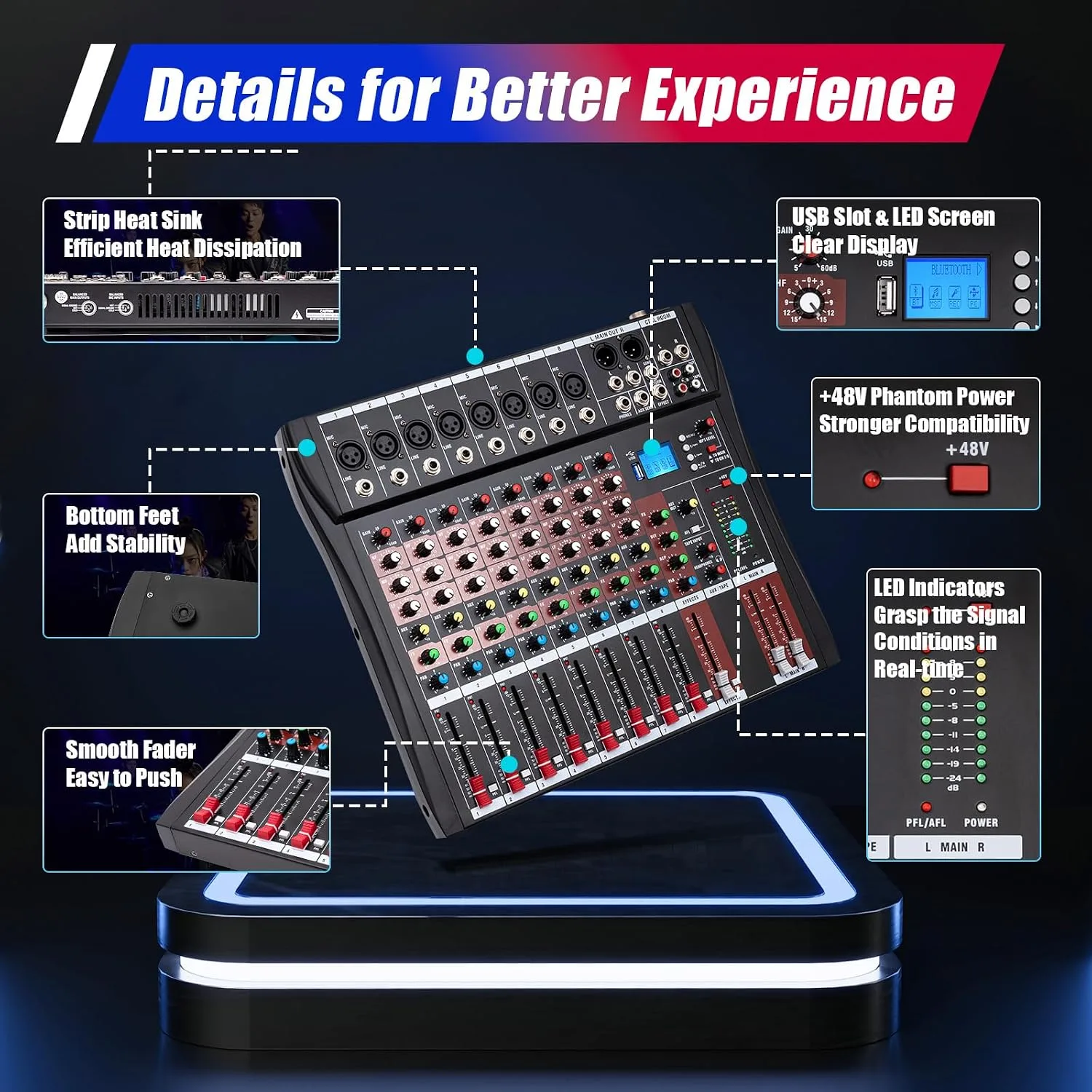 Audio Mixer 8-Channel,DJ Mixer with Bluetooth & 3-Band EQ,Sound Mixer Board with +48V Phantom Power,10-Segment LED,XLR Inputs,Metal Chassis Digital Mixer for Studio Live Music Karaoke