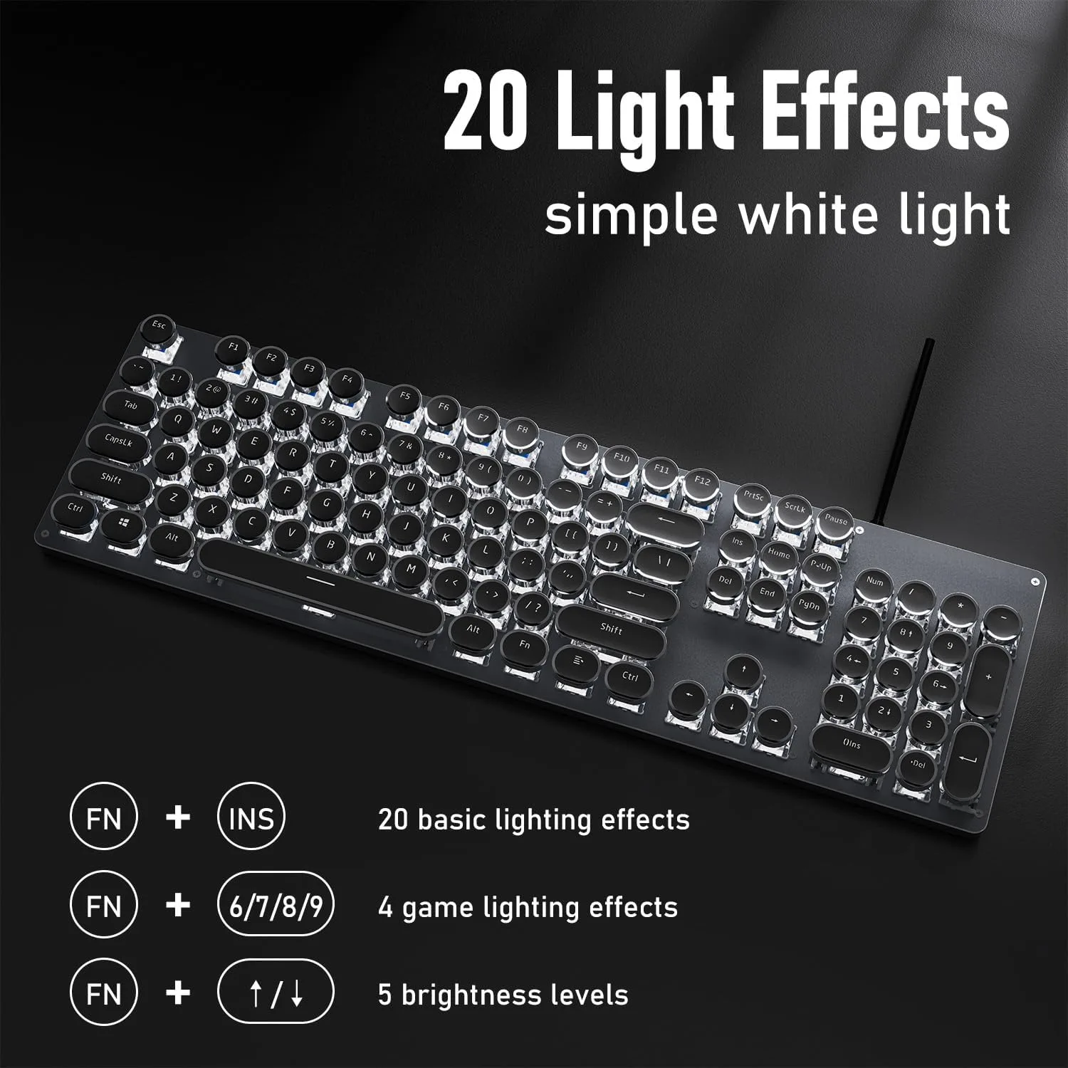 Wired Typewriter Style Mechanical Gaming Keyboard with White Backlit-Black