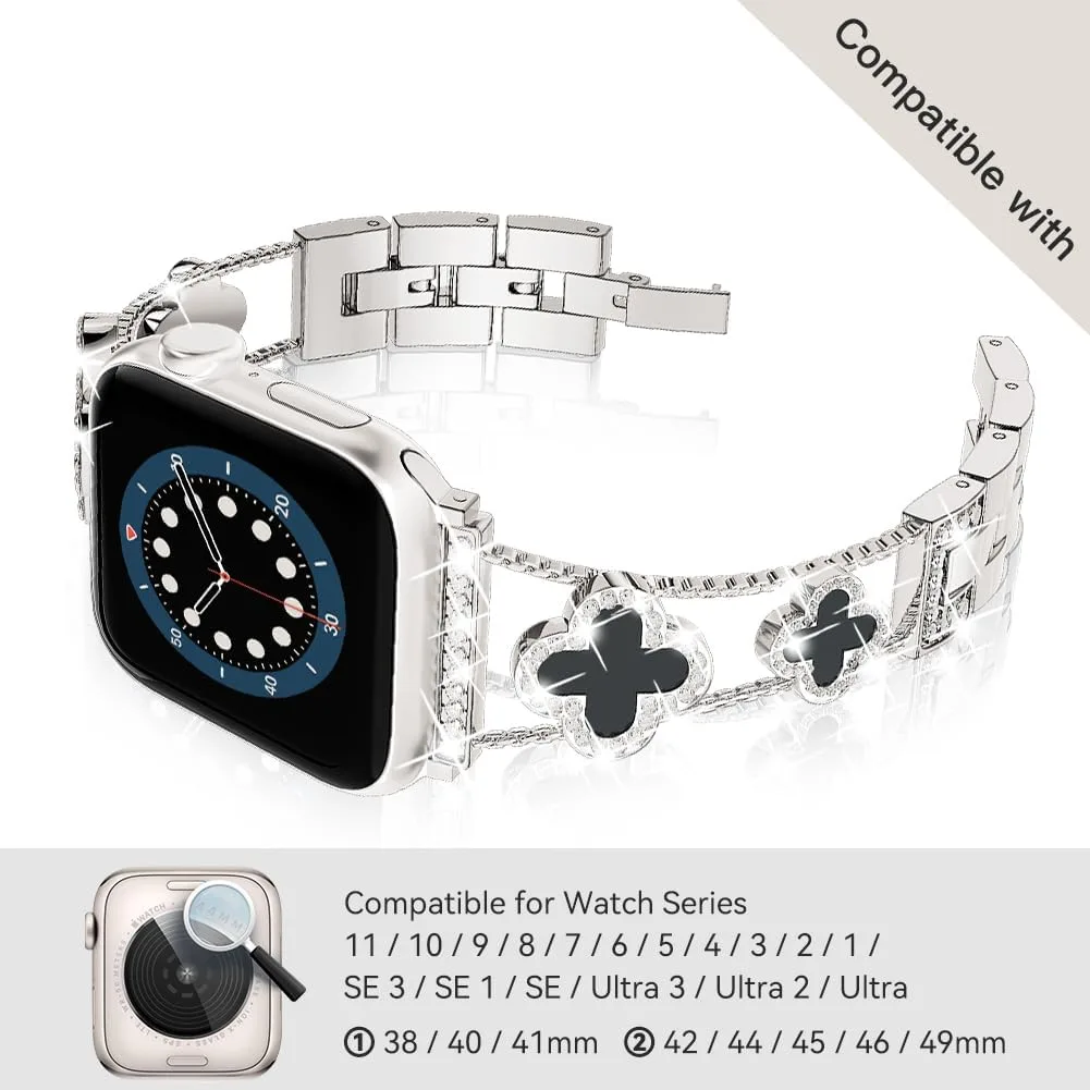 Musk-MSKR Diamond Metal Bands Add Sparkle to Your Watch For Apple Watch Series 12/11/10/9/8/7/6/5/4/3/2/SE/Ultra Clover Simple and Stylish Compatible with 38mm40mm41mm42mm44mm45mm 46mm49mm Women's Wear