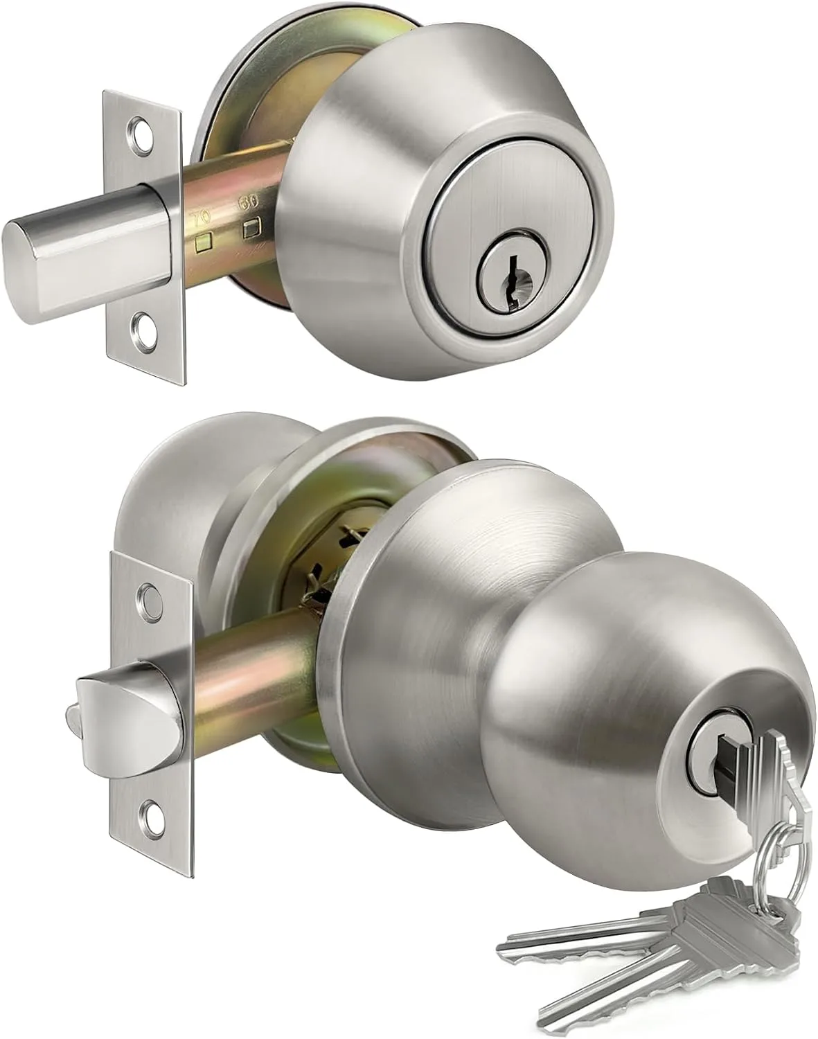 BESTTEN Keyed Same Exterior Door Knob and Single Cylinder Deadbolt Combo Set, Keyed Alike Entry Door Knobs with Lock and Keys for Entrance and Front Door, Satin Nickel