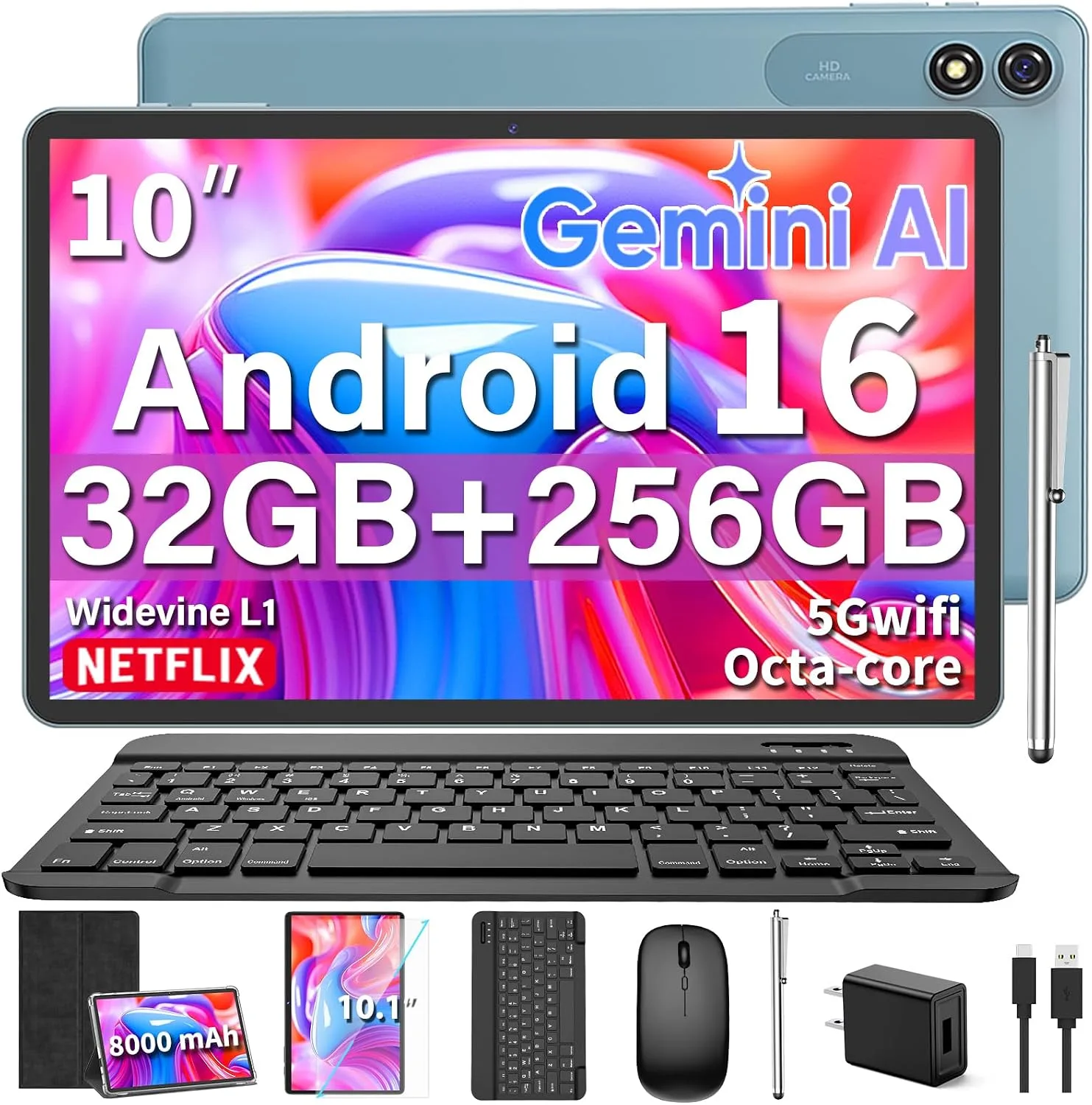 Android 16 Tablet with Keyboard - 10 Inch Tablet, 32GB+256GB+2TB Expand